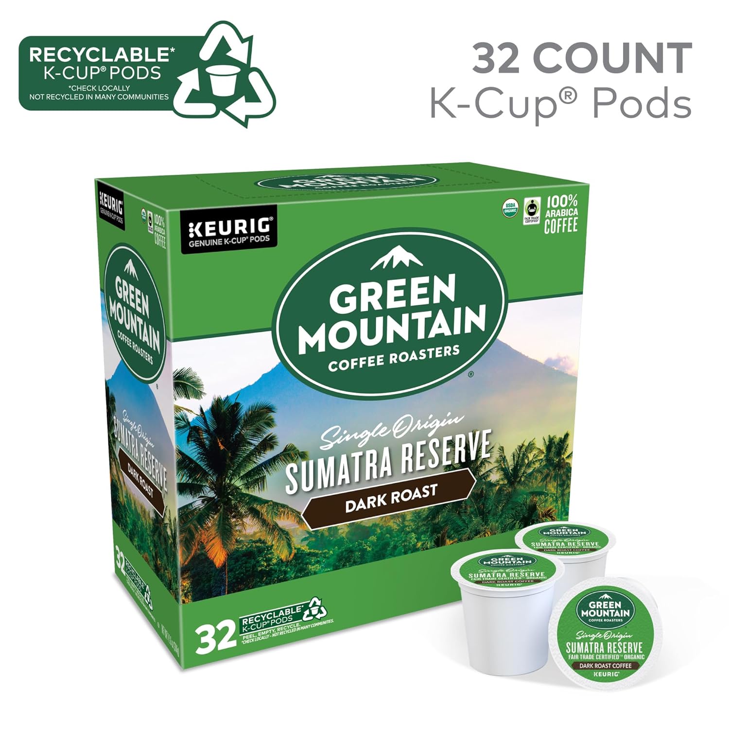 Green Mountain Coffee Roasters Sumatra Reserve Coffee. Keurig Single-Serve K-Cup pods. Dark Roast. 32 Count