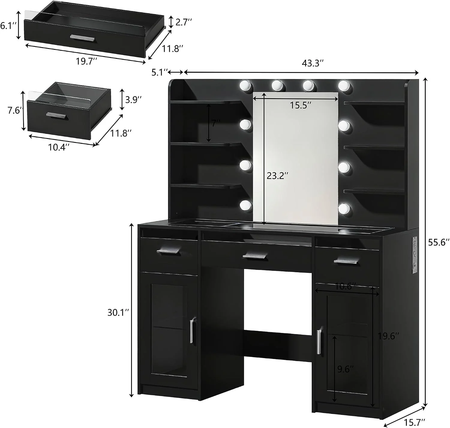 Fixwal Black Luxury Makeup Vanity Table with Tempered Glass Top, LED Mirror & RGB Lighting - Image 3 Fixwal Black Luxury Makeup Vanity Table with Tempered Glass Top, LED Mirror & RGB Lighting - Image 3
