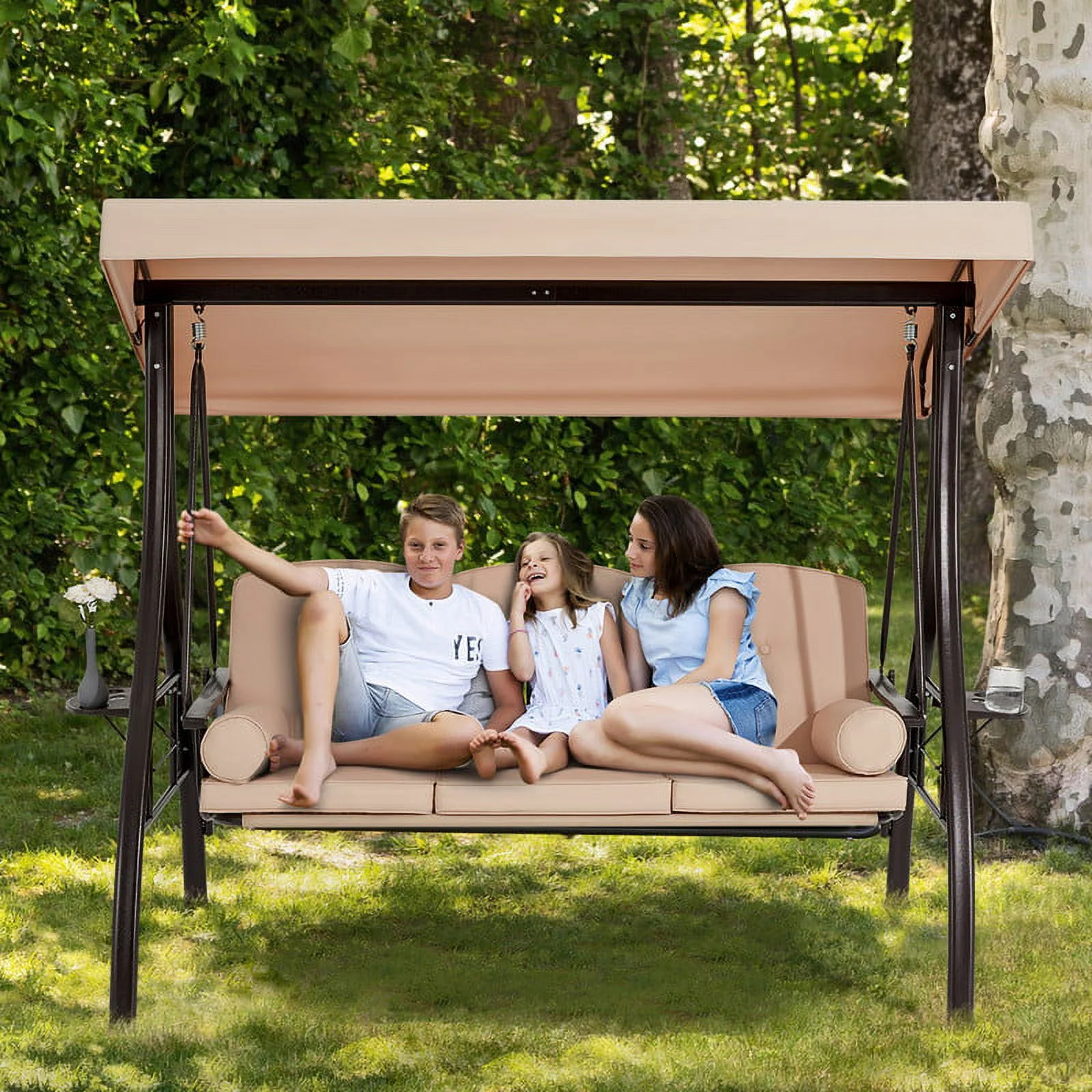 Homrest 3 Person Patio Outdoor Porch Swing with Adjustable Canopy, Backrest, Swing Bed with Stand for Garden,Deck - Image 24
