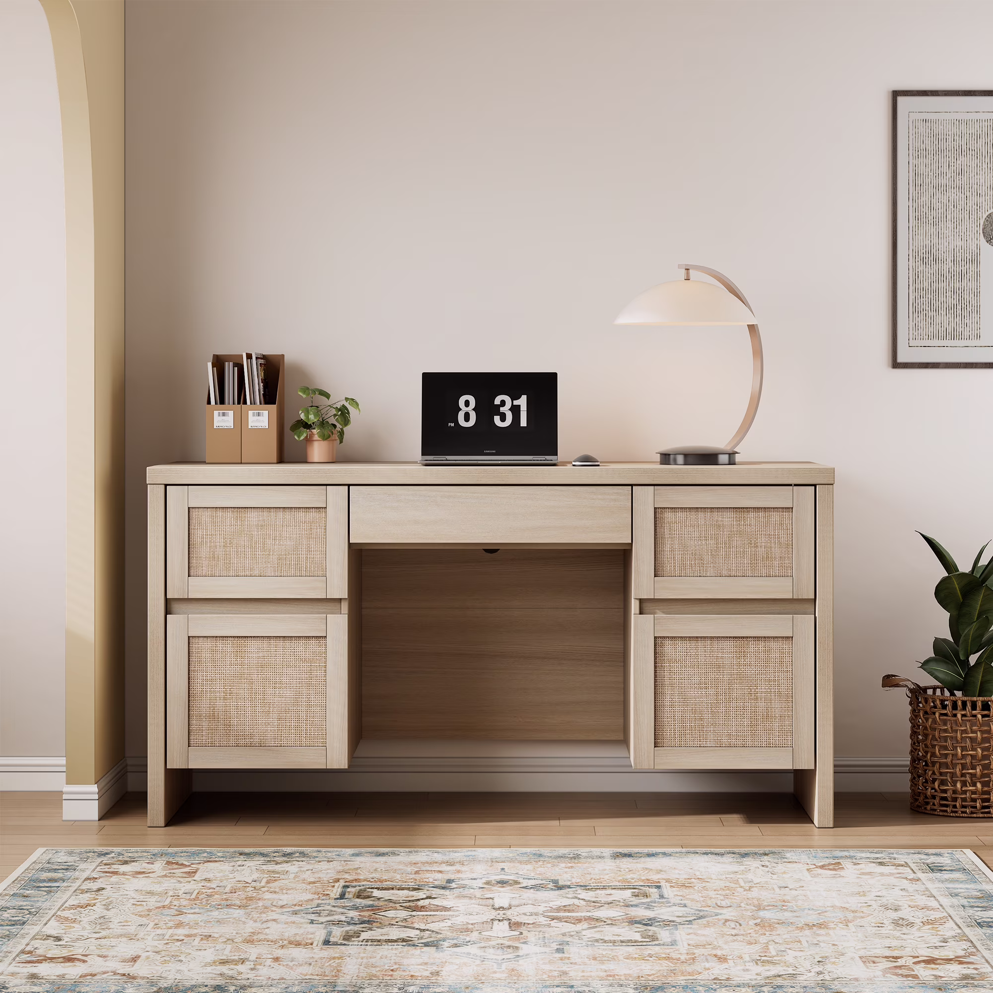 Brafab Home Office Desk with Charging Station, 5-Drawer Executive Desk with Rattan Front, Modern Farmhouse Computer Writing Desk, Built-in USB/Type-C Ports & Outlets - Image 4