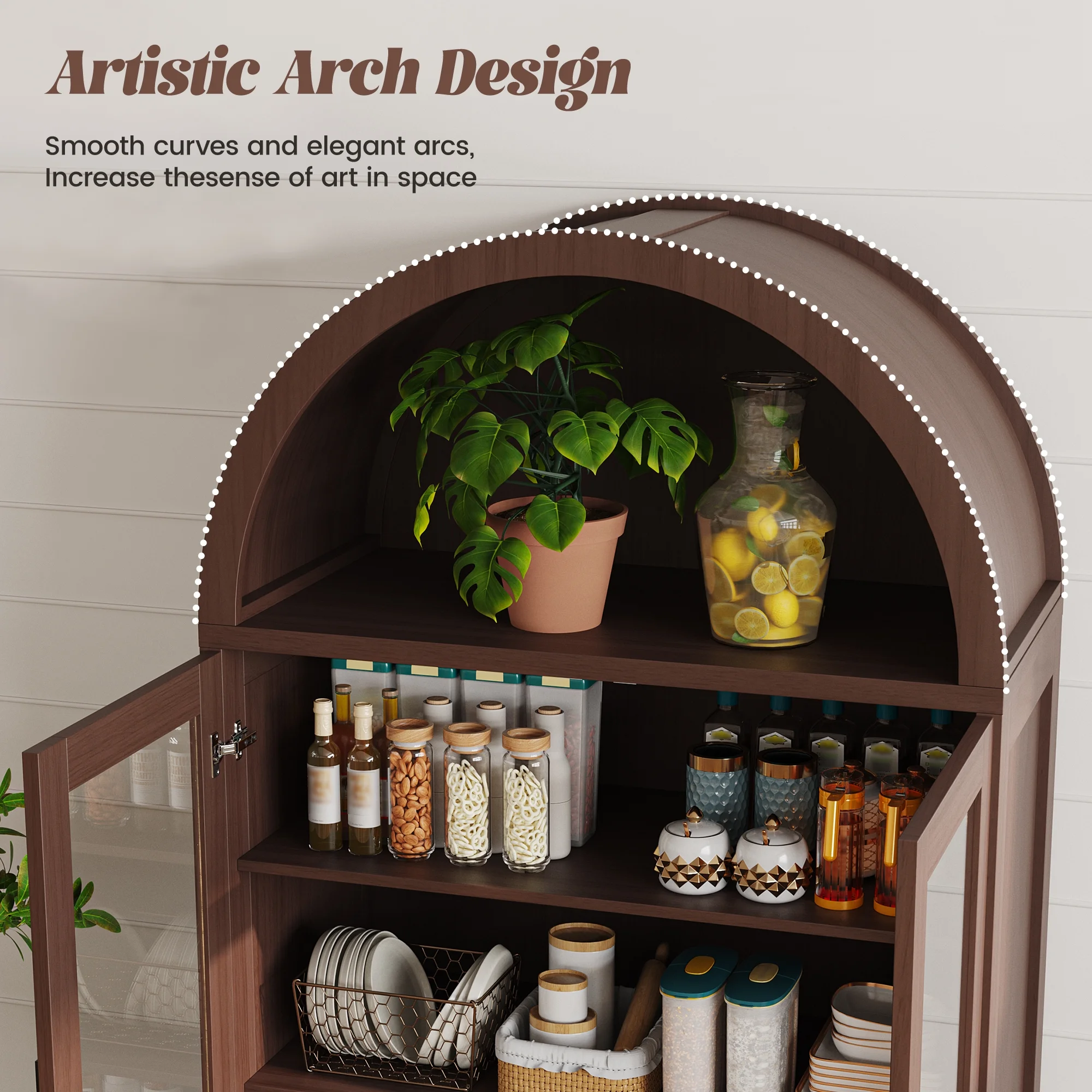 VEANERWOOD 71" Tall Arch Cabinet, Wood Fluted Kitchen Kitchen Storage Cabinet with 4 Doors and 6 Shelves for Dining Room Living Room - Image 16