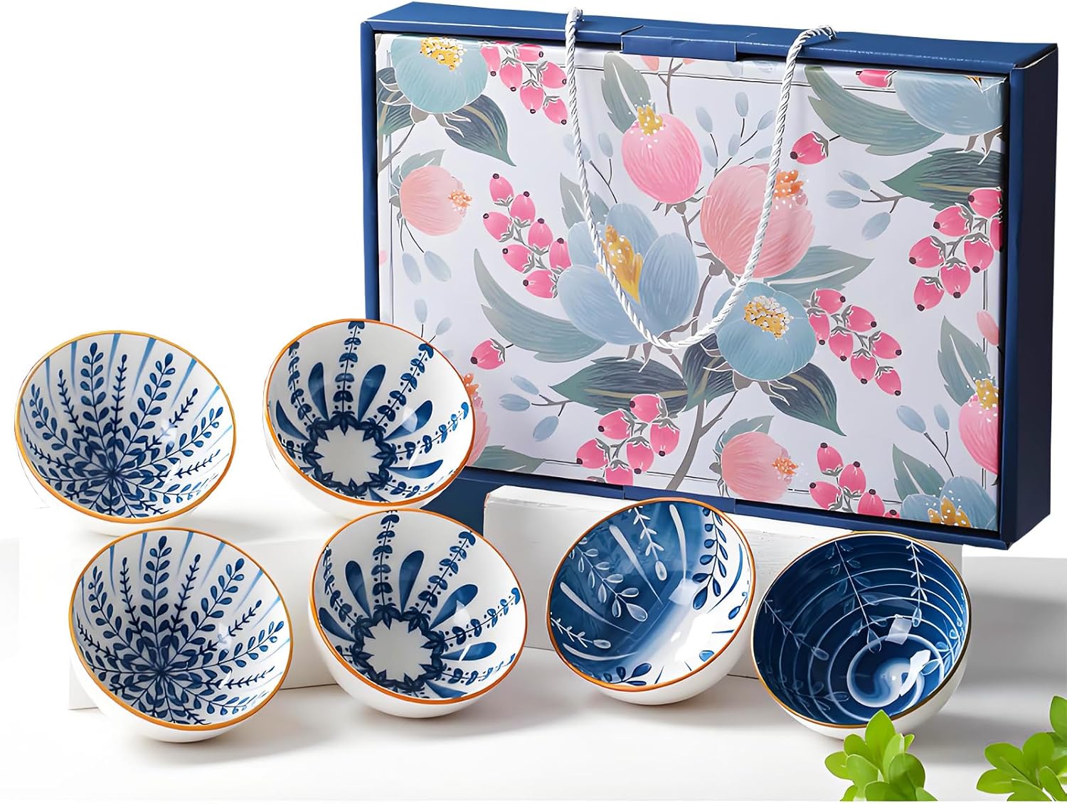 Rice Bowls 10oz, Japanese Style Bowls Set of 6 with Gift Box - Blue and White Ceramic Bowls for Soup, Dessert, Ice Cream, Snack - Kitchen Gifts for Women Christmas Gift