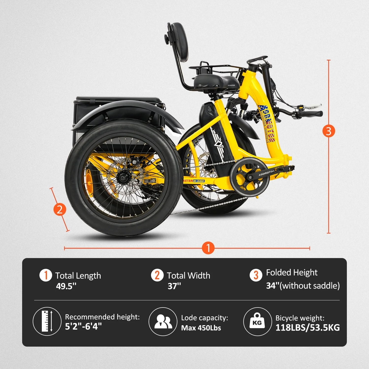 Addmotor Electric Trike, 750W Foldable Electric Tricycle, Folding Electric Trike for Adults,48V 20Ah Removable Battery,20" Fat Tire Electric Trikes with Rear Speed Differential,M-330F Yellow - Image 6