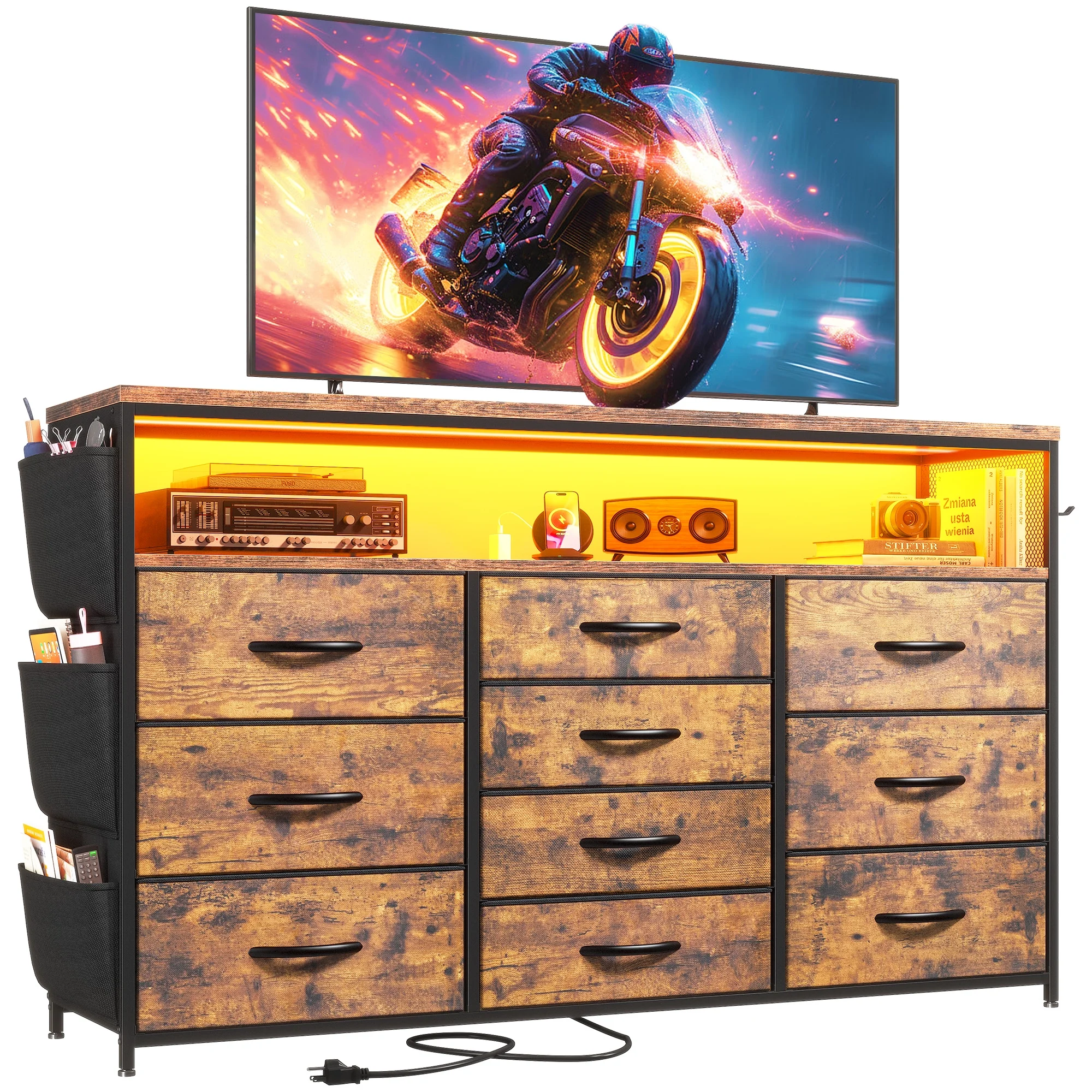 EnHomee Dressers for bedroom TV Stand with Power Outlets &LED Lights Wide Dresser with 10 Drawers&Side Pockets & Hook Fabric Chest of Drawers,Black - Image 24
