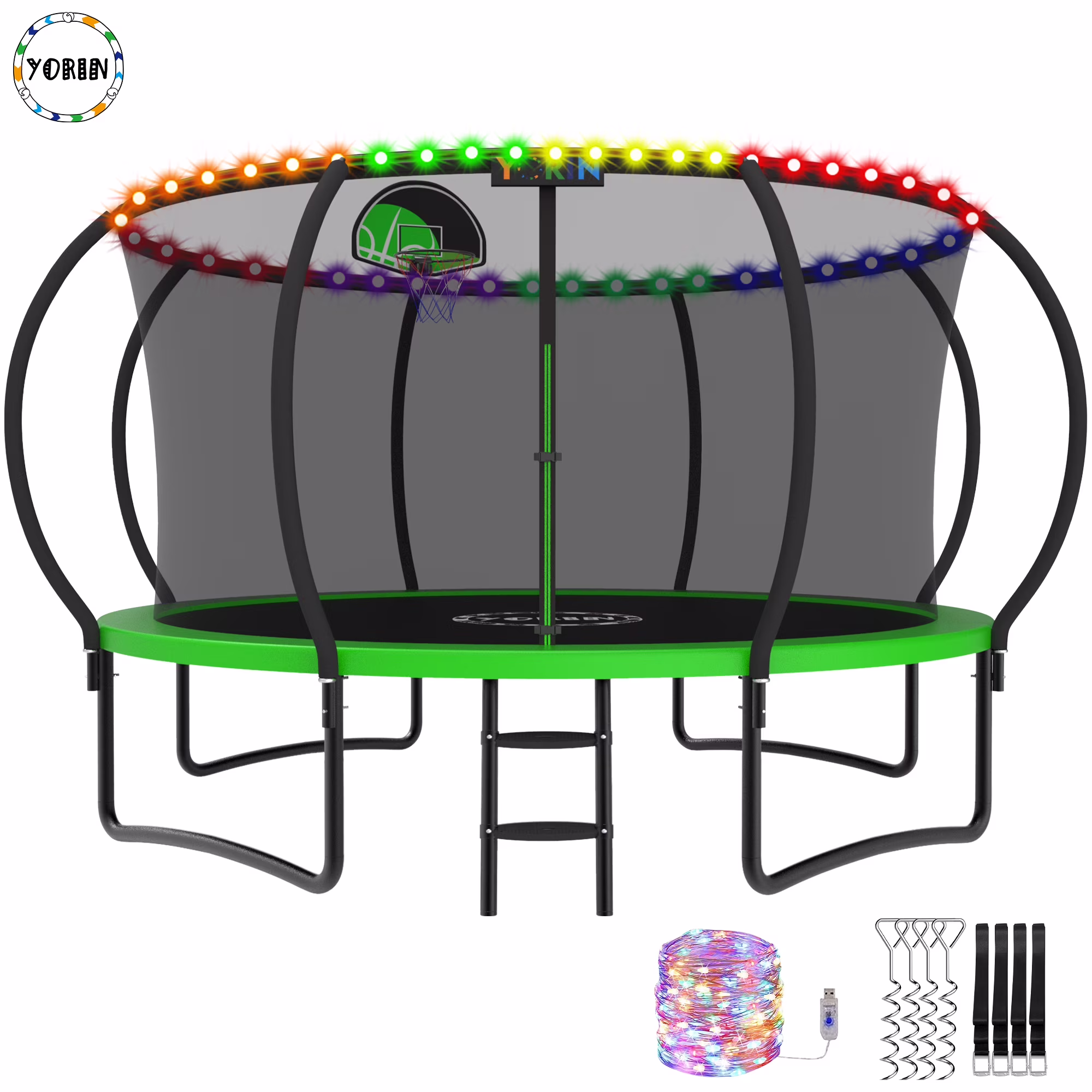 YORIN Trampoline with Trampoline Light, 1200LBS 12FT Trampoline for 5-6 Kids Adults, Recreational Trampoline with Basketball Hoop, Ladder, Galvanized Outdoor Heavy Duty Trampoline - Image 3
