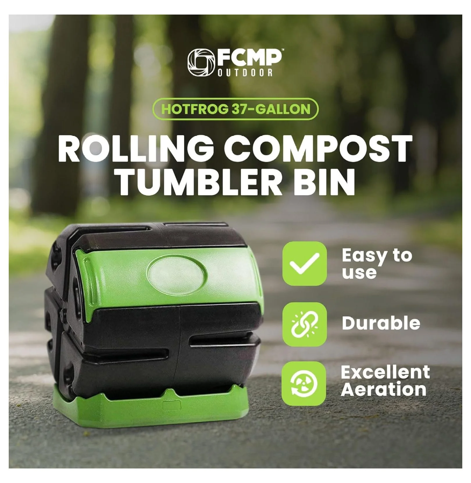 TriGol HOTFROG Rolling 37-Gallon Single Chamber Batch Tumbling Composter - Outdoor Rotating Garden Compost Bin, Black & Green - Image 2