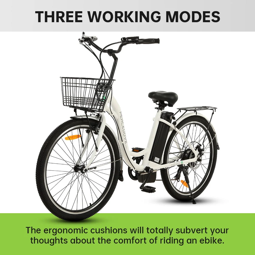 26 Inch 36V 10AH 350W City Bike Electric Bicycle e-bike White with Basket 7 Speed Step Through Commuter for Women Girls - Image 10