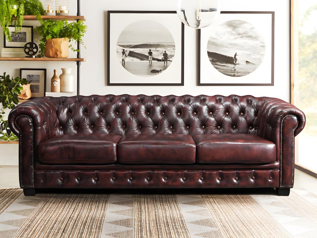 Sofá chesterfield de 4 plazas BRENTON 100% piel de búfalo - Cherry
