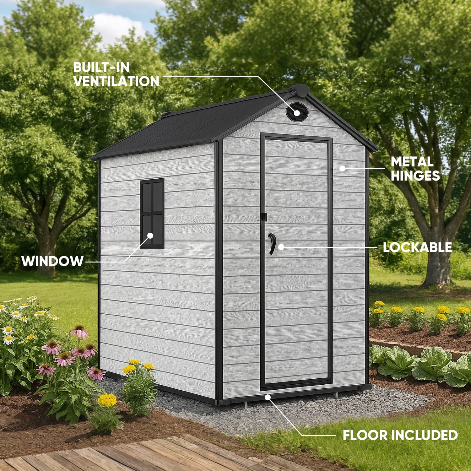ZYJOYY 4'x 6' Resin Outdoor Garden Tool Storage Shed w/ Window, Grey - Image 5