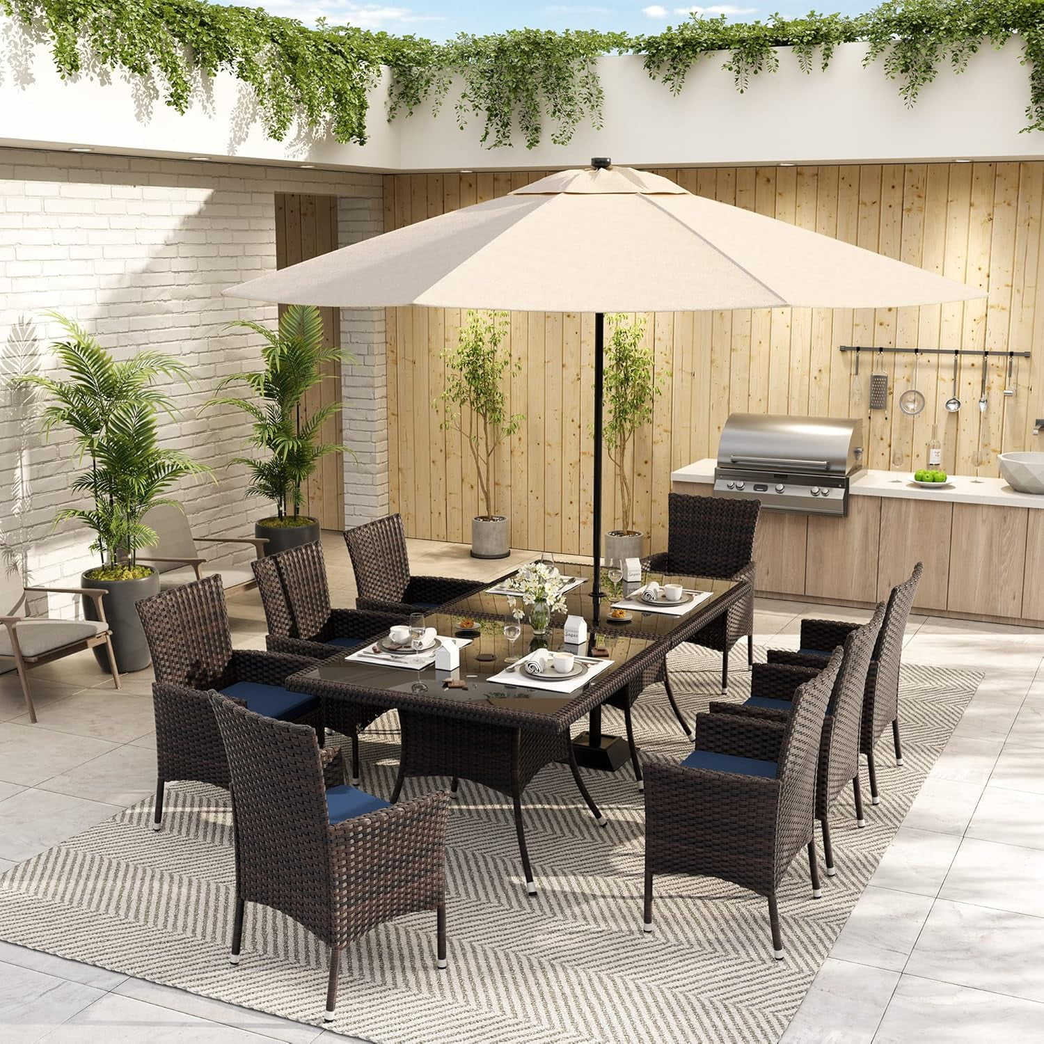 ALAULM 5 Pieces Patio Dining Set Outdoor Rattan Furniture with Square Glass Tabletop 4 Chairs with Cushions for Patio, Backyard Outdoor Kitchen Lawn & Garden Blue - Image 23