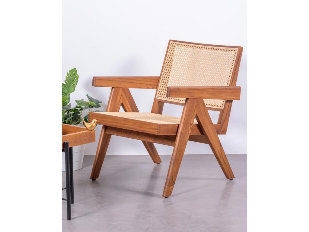 Sillón clásico con reposabrazos en madera de teca y ratán Confortzx - Teca