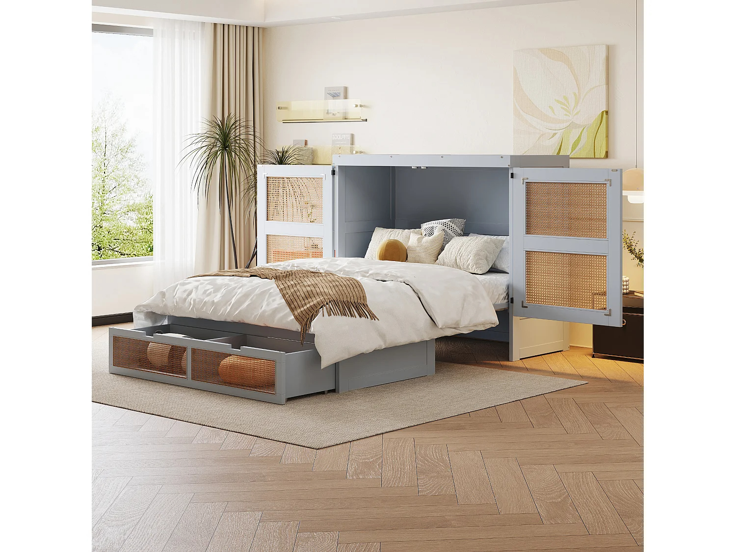 Cama plegable juvenil - 140 x 200 cm - Cama abatible de pared con cajones - Pino + contrachapado + MDF - Gris