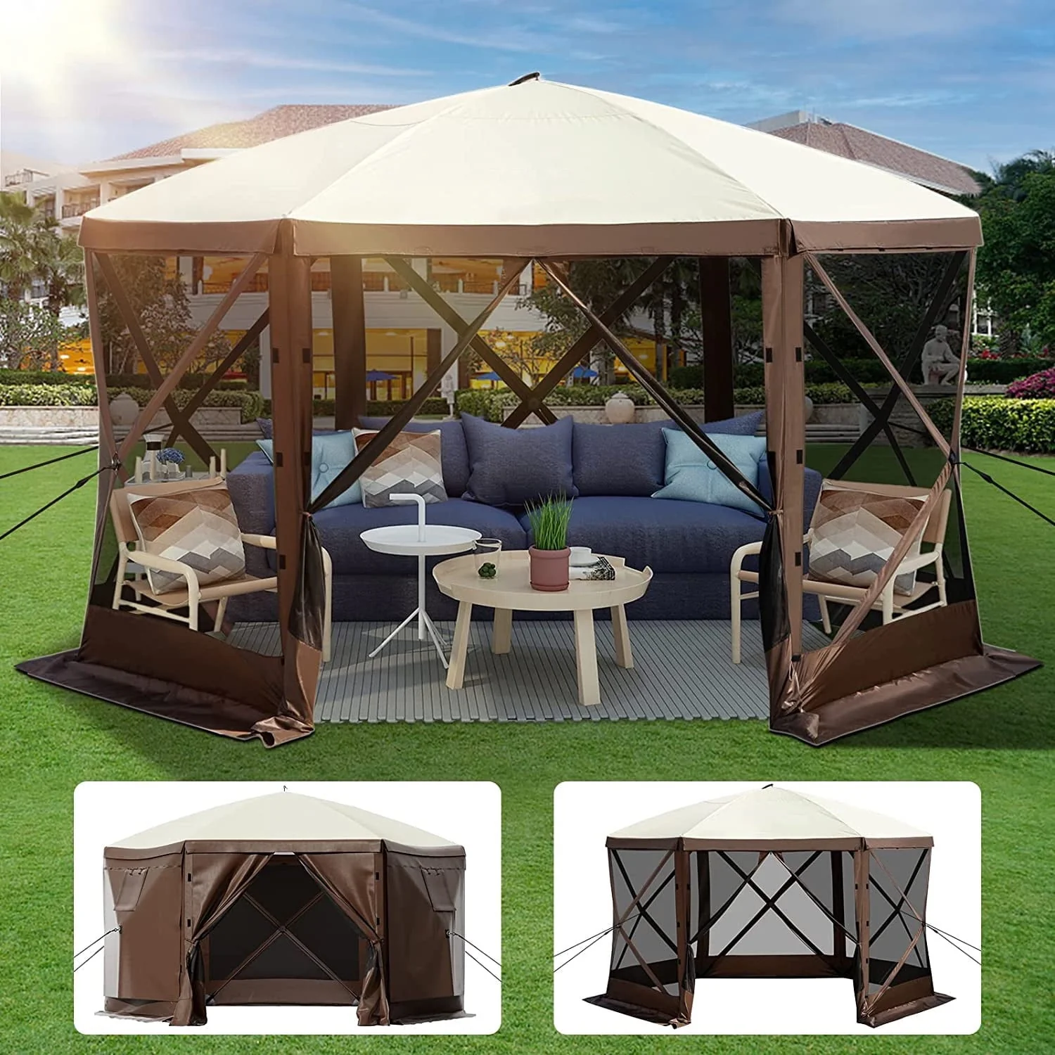 VEVORbrand Camping Gazebo Tent, 12'x12', 6 Sided Pop-up Canopy Screen Tent for 8 Person Camping, Waterproof Screen Shelter w/Portable Storage Bag, Ground Stakes, Mesh Windows, Brown & Beige
