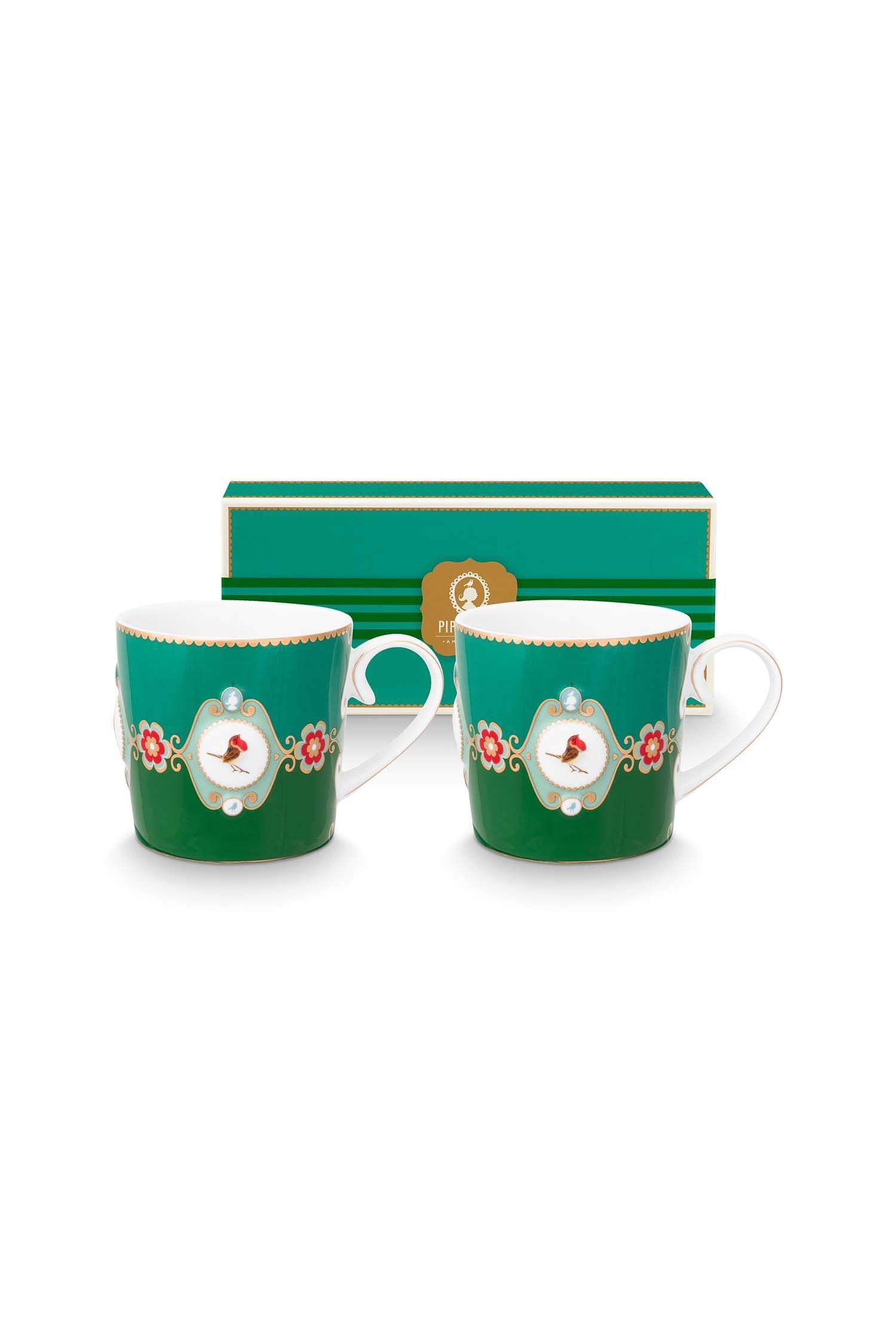Set/2 Mugs Small Love Birds Medallion Emerald-Green