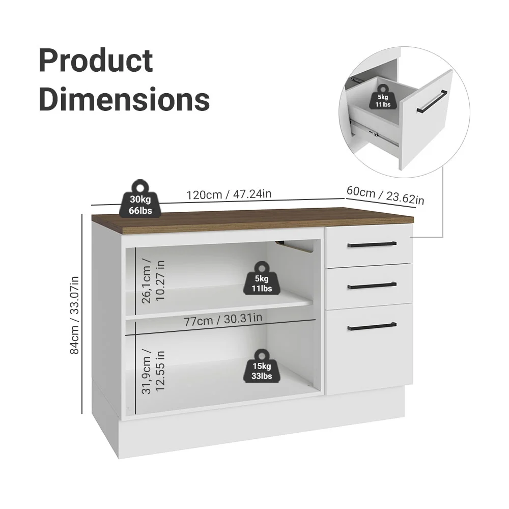 Madesa Hazel Kitchen Storage Buffet Base Cabinet with Adjustable Feet 47 Inch Engineered Wood Slab Doors Painted Finish Floor Mount Removable Plinth - White - Image 2