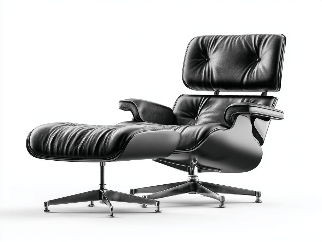 Sillón lounge con reposapiés en piel negra 84×84×84 cm – base giratoria metálica – con cojín