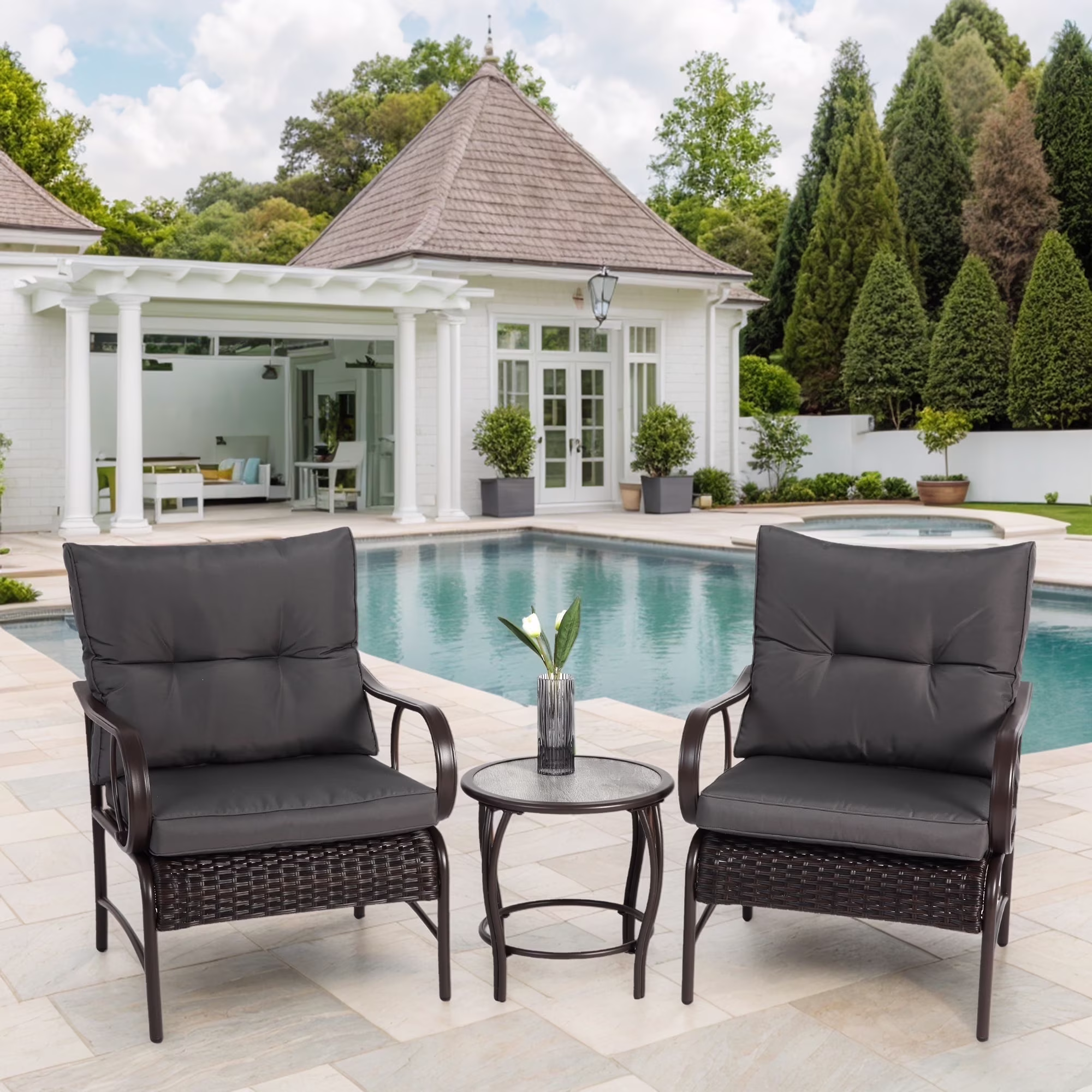 Villeston 3 Piece Outdoor Wicker Conversation Patio Set, with 2 Chairs, Table for Porch Garden,Blue - Image 3