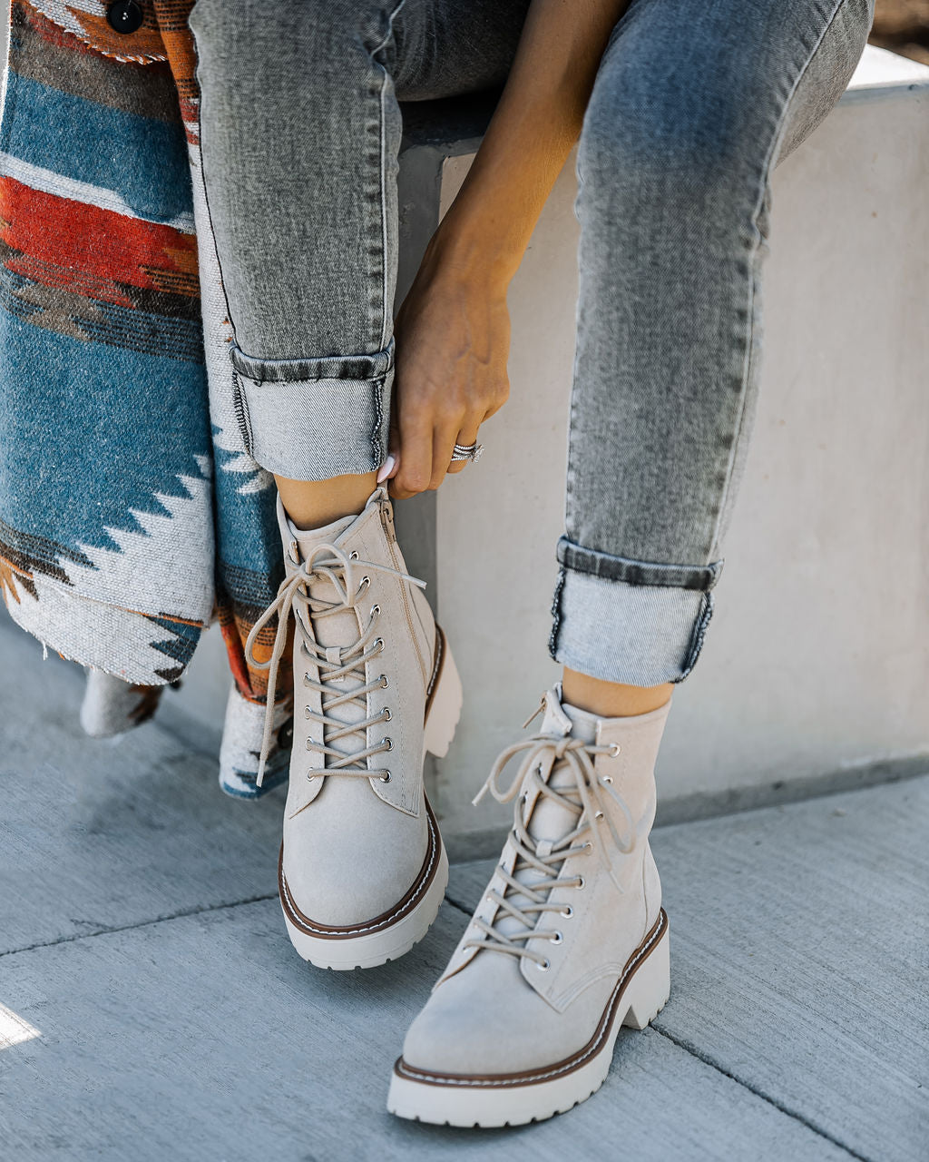 Marissa Faux Suede Lace Up Boot - Beige - Se7enfashion