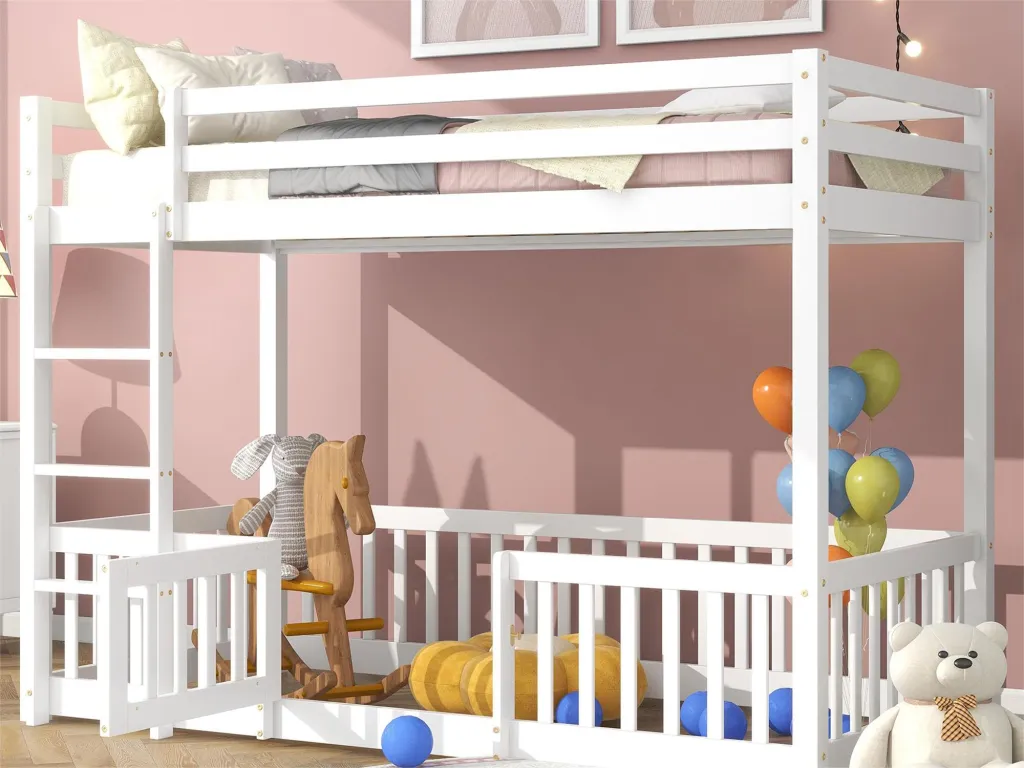 Litera de 2 plazas - 2x90x200 cm - barreras y puertas - somier de láminas - color blanco 49128kudf