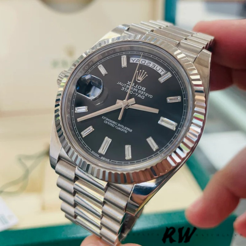 Rolex Day-Date 228239 Black Diamond Dial Fluted Bezel 40mm Mens Replica Watch