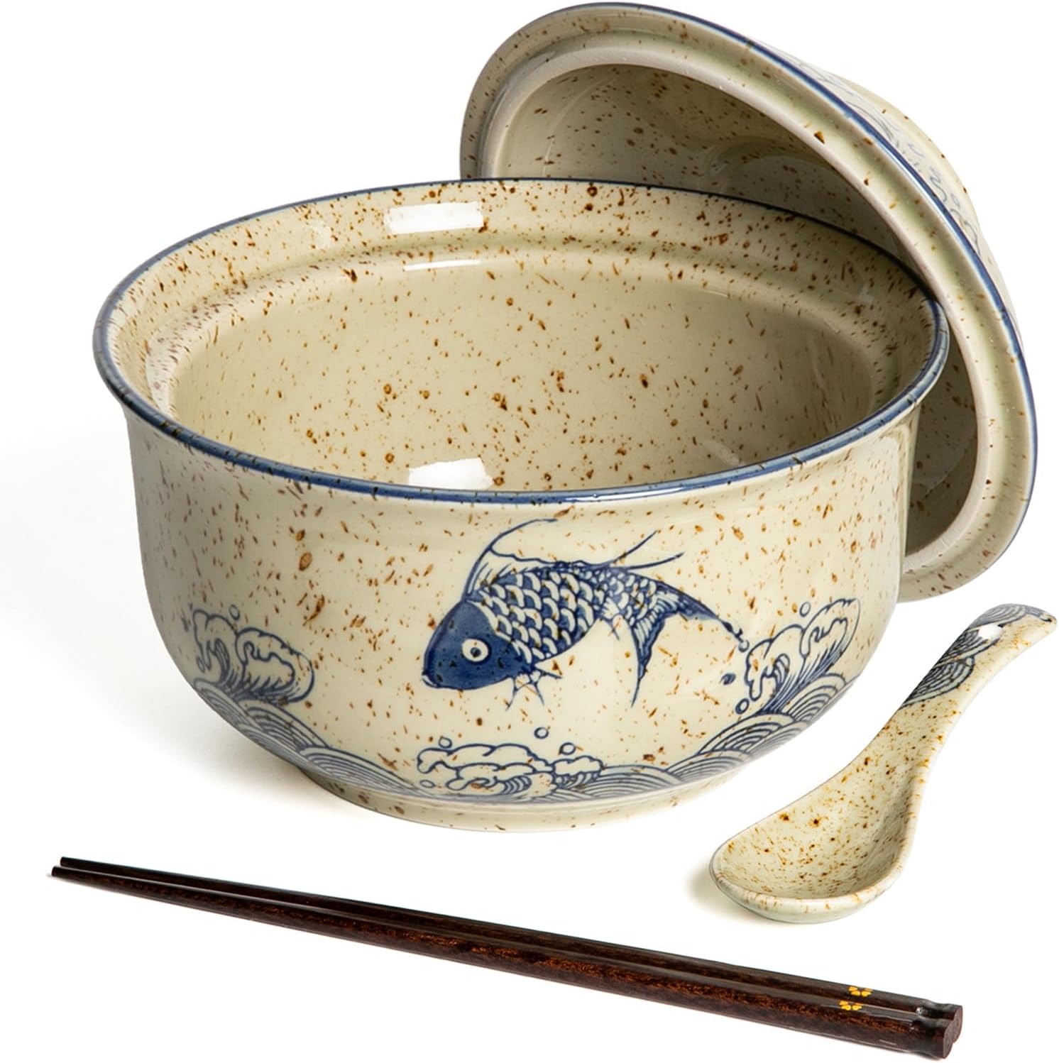 Ceramic Ramen Bowl Set of 2, Ramen Noodle Bowl with Lid 27oz Japanese Retro Style Soup, Pho, Udon Bowls, Matching Spoons and Chopsticks for Microwave & Dishwasher Safe, Twig