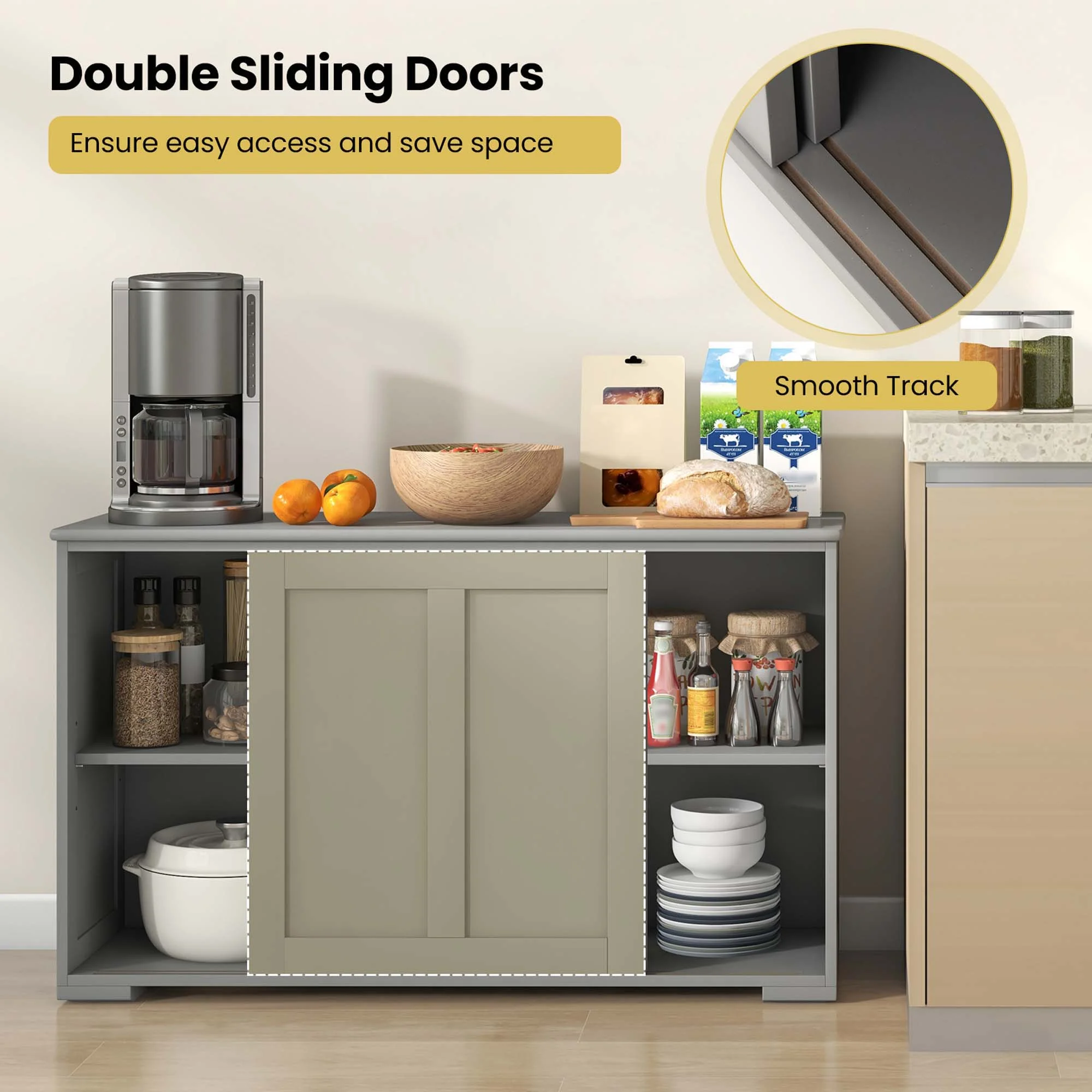 Costway Kitchen Storage Cabinet Sideboard Buffet Cupboard Wood Sliding Door Pantry White - Image 40