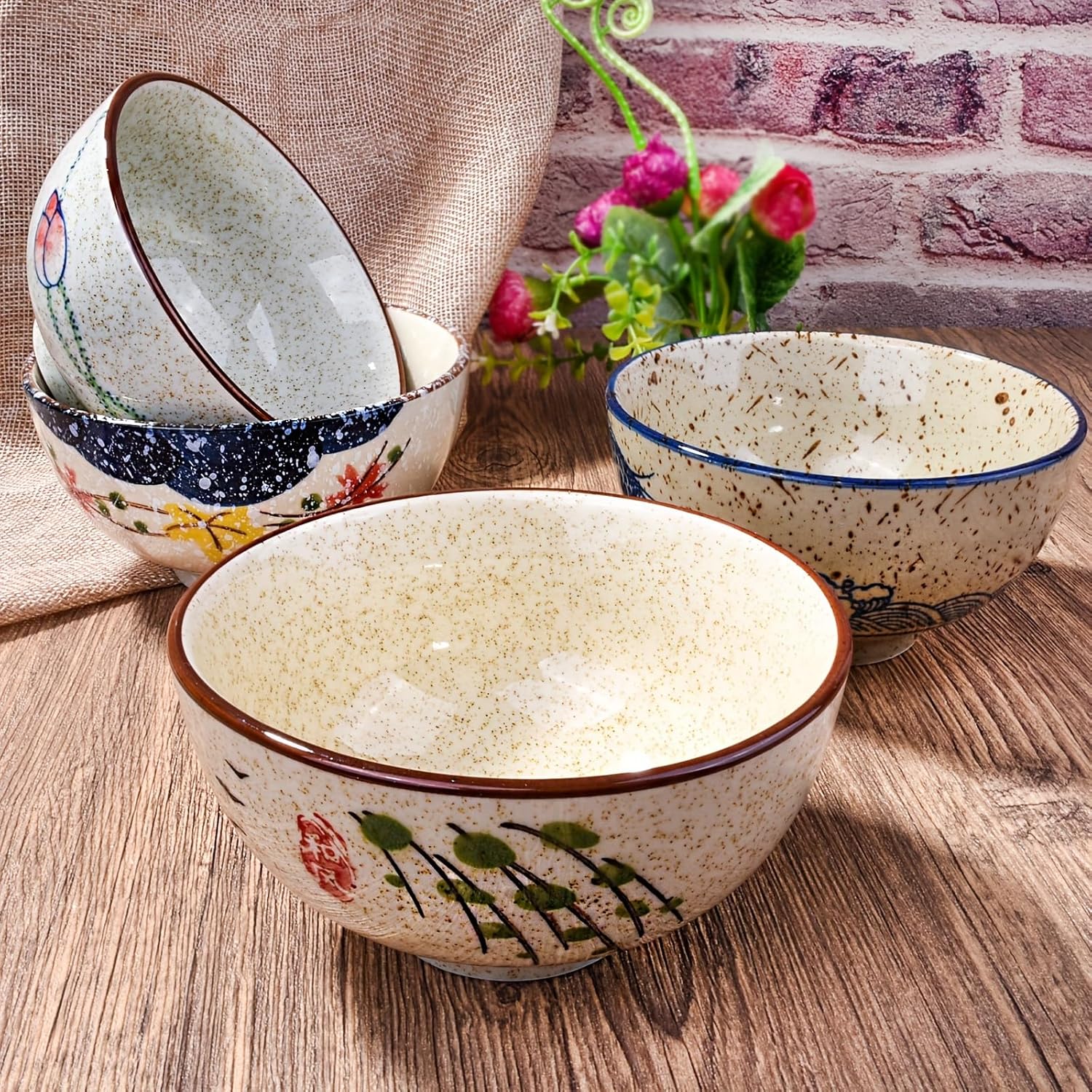 Japanese Retro Rice Bowls Set of 4 Hand-Painted Floral Design Ceramic Soup Sushi Bowls Small Cute Bowls