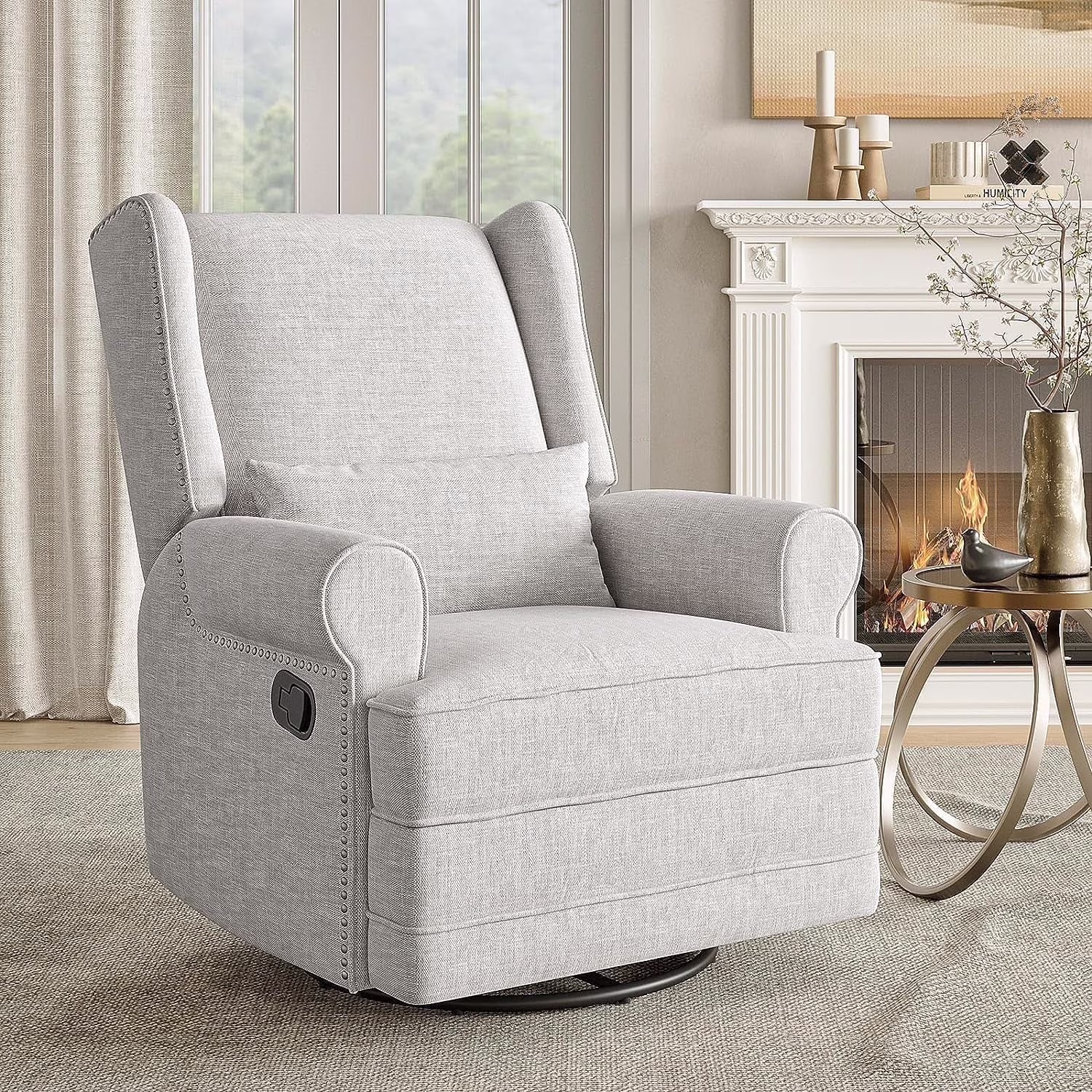 Royalcraft Swivel Nursery Glider Recliner, Comfy Upholstered Glider Chair with Lumbar Pillow and Footrest, Beige - Image 9