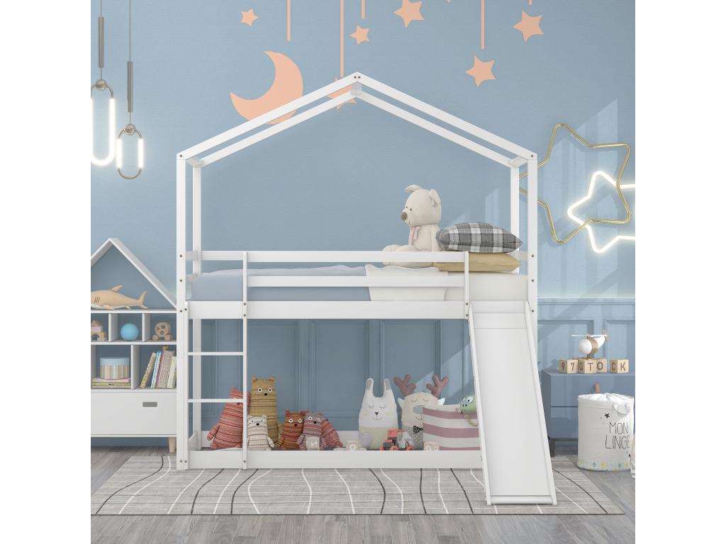 Litera infantil con tobogán - 90 x 200 cm - madera maciza - somier de láminas sólo arriba - blanco