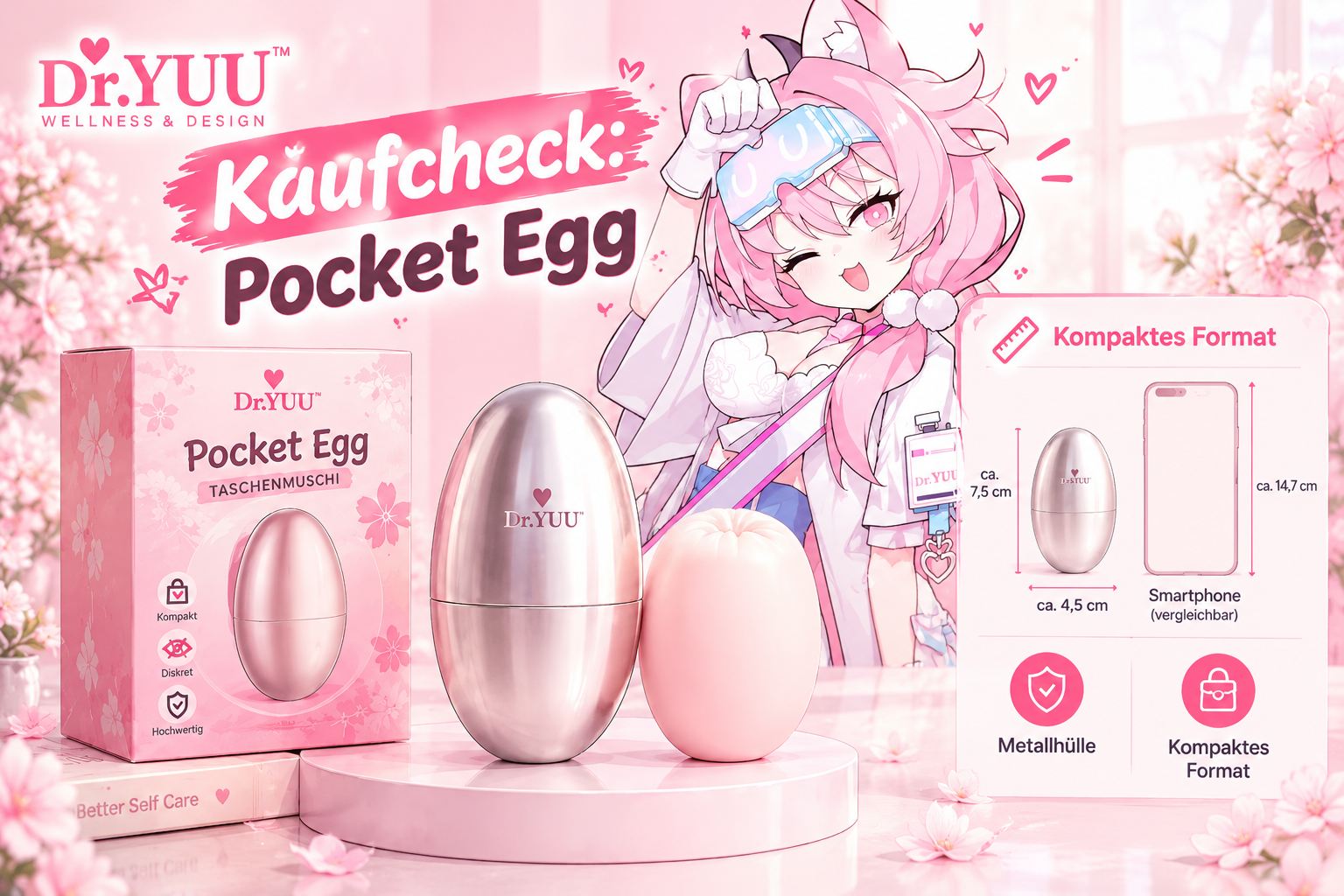 Dr.YUU Pocket Egg Taschenmuschi, Metallhülle und Produktverpackung als Preis- und Größenreferenz