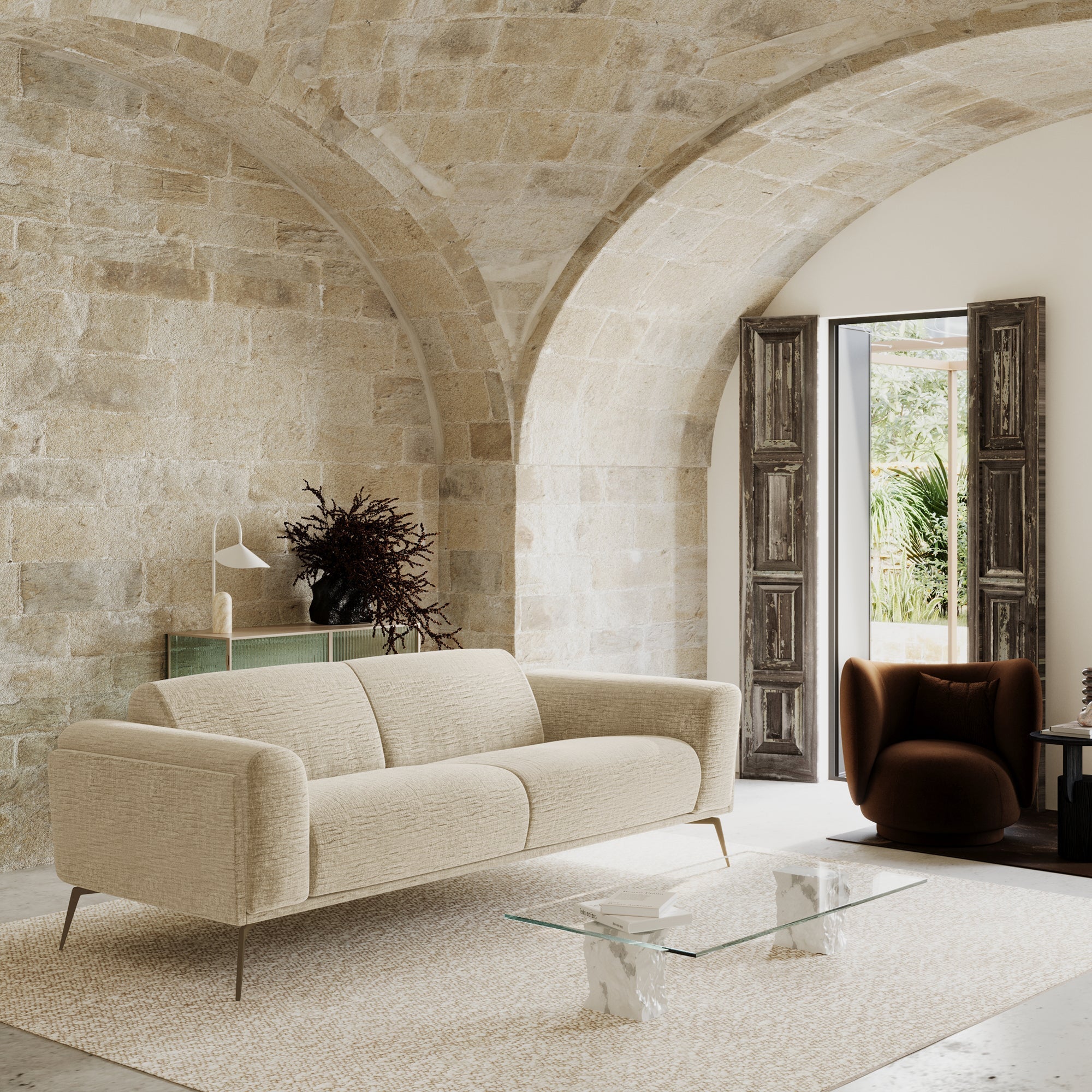 Rechte bank SWANN 3 personen Fluweel met structuur Beige