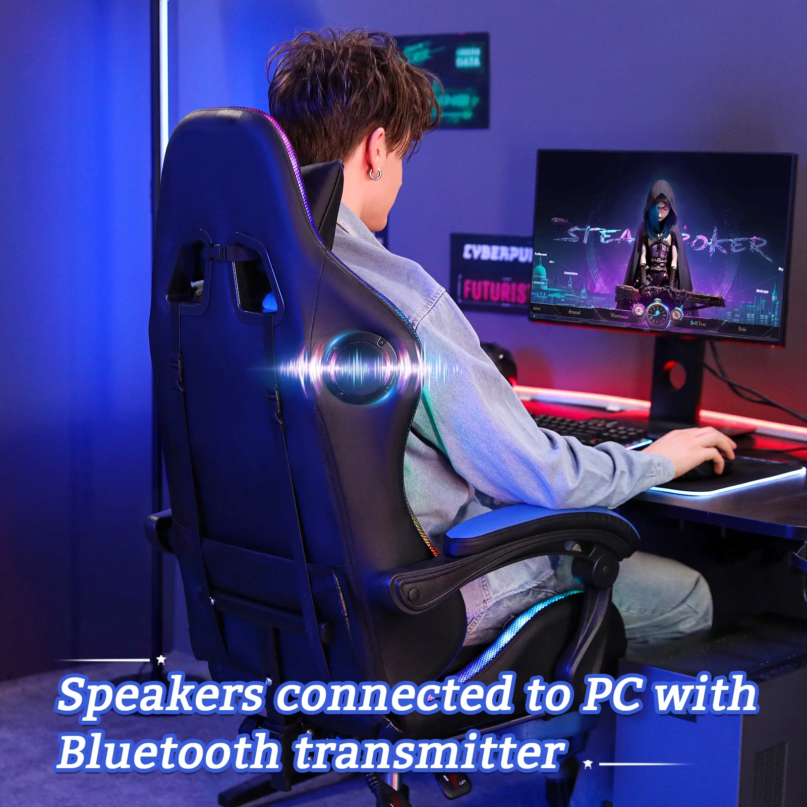 Hoffree Gaming Chair with Speakers PU Leather Office Chair with Footrest and LED Lights Ergonomic Gamer Chair with Massage Lumbar Support and Headrest Adjustable Swivel for Home Office 300lb - Image 12