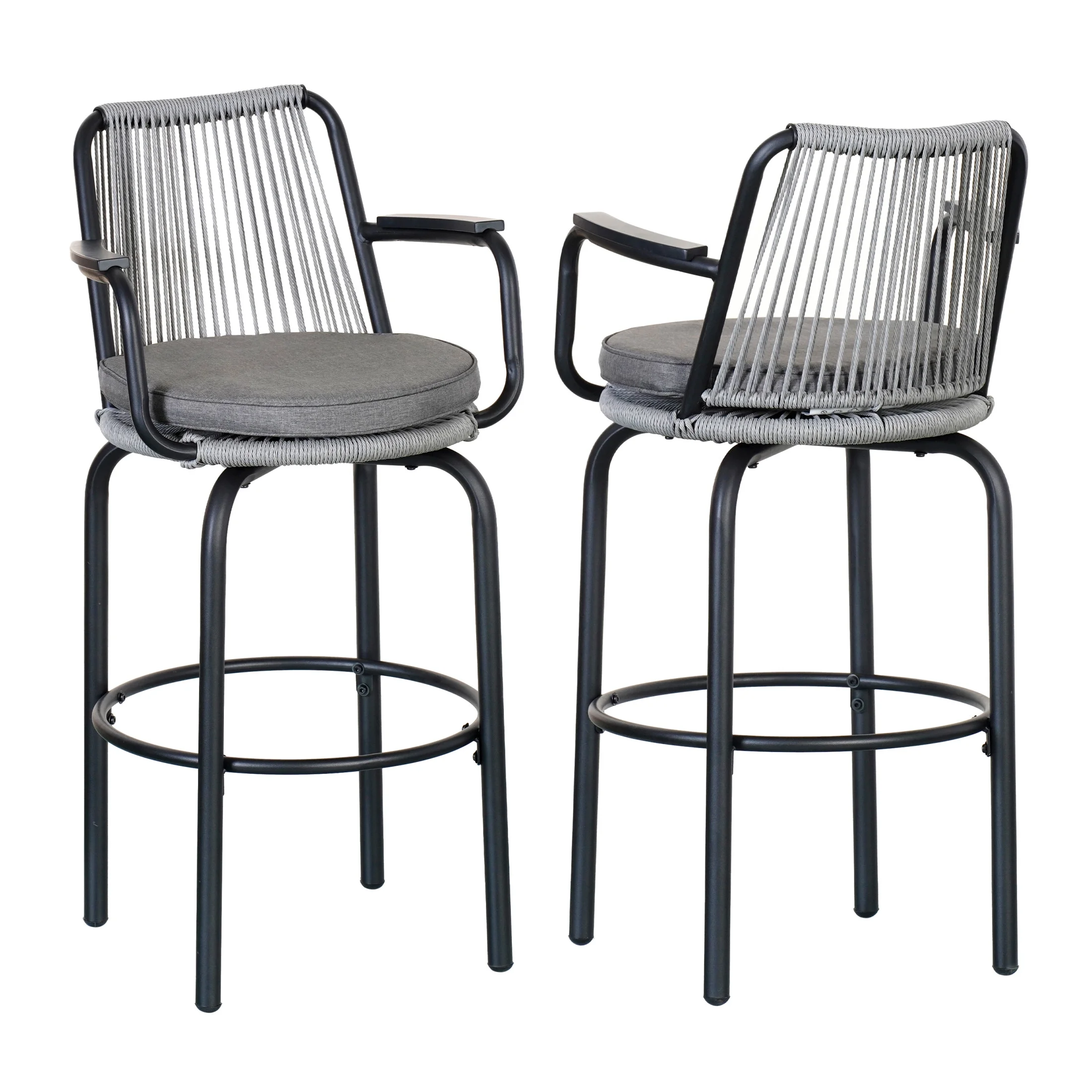 Lyric Modern 29" Outdoor Patio Bar Stools, Bar Chairs with Wood Grain Finish Frame with Hand-Woven PE Rattan Rope, Removable Cushions, Teak+Beige, Set of 2 - Image 10