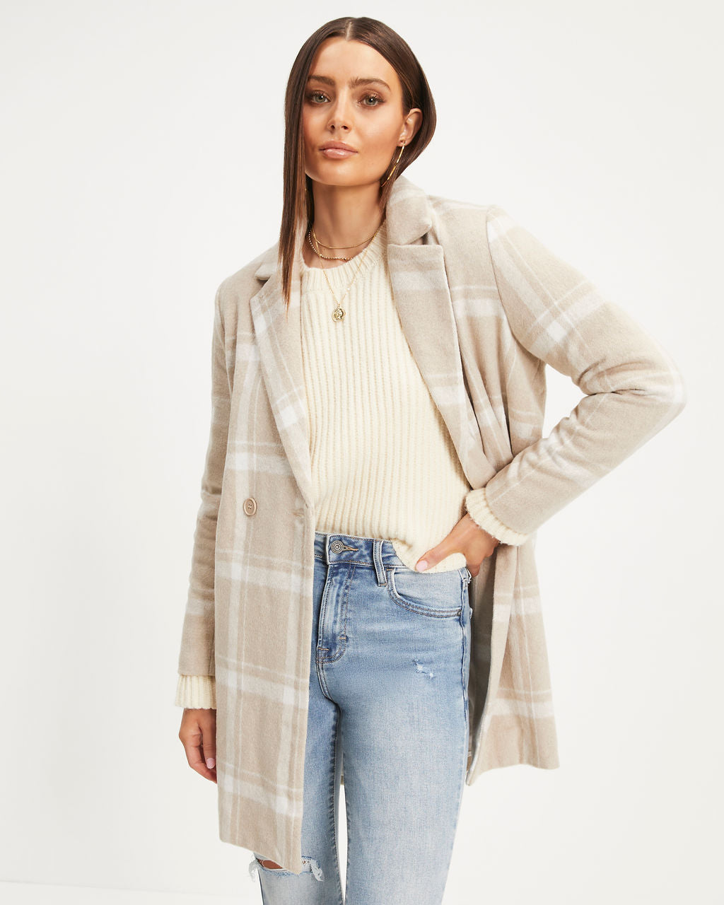 Coming To Town Plaid Pocketed Coat - Beige - Se7enfashion