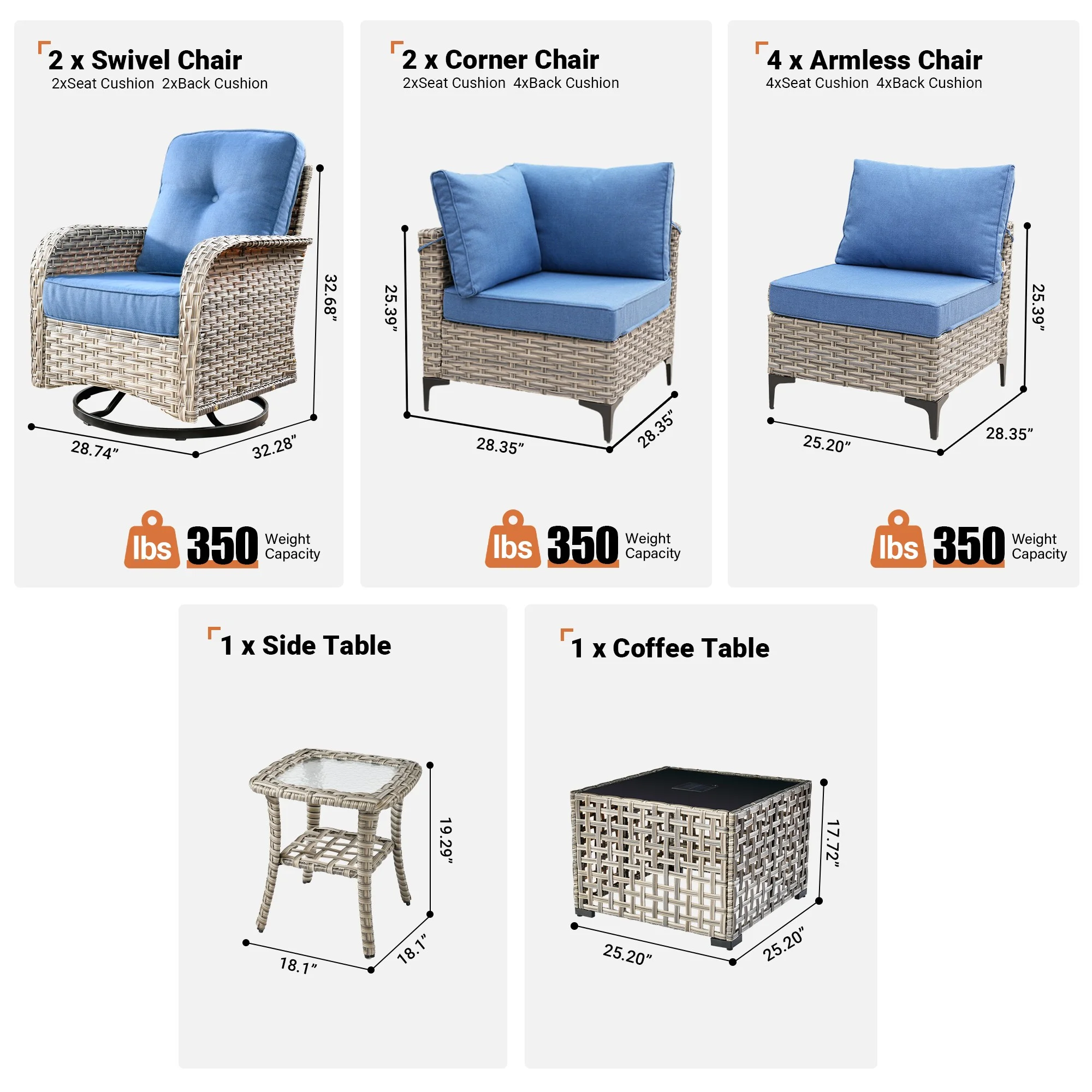 Vcatnet Outdoor Patio Furniture Sets 10 Pieces Sectional Sofa Wicker Conversation Set with Swivel Glider Chairs and Solar Powered Coffee Table for Porch,Backyard,Gray - Image 42