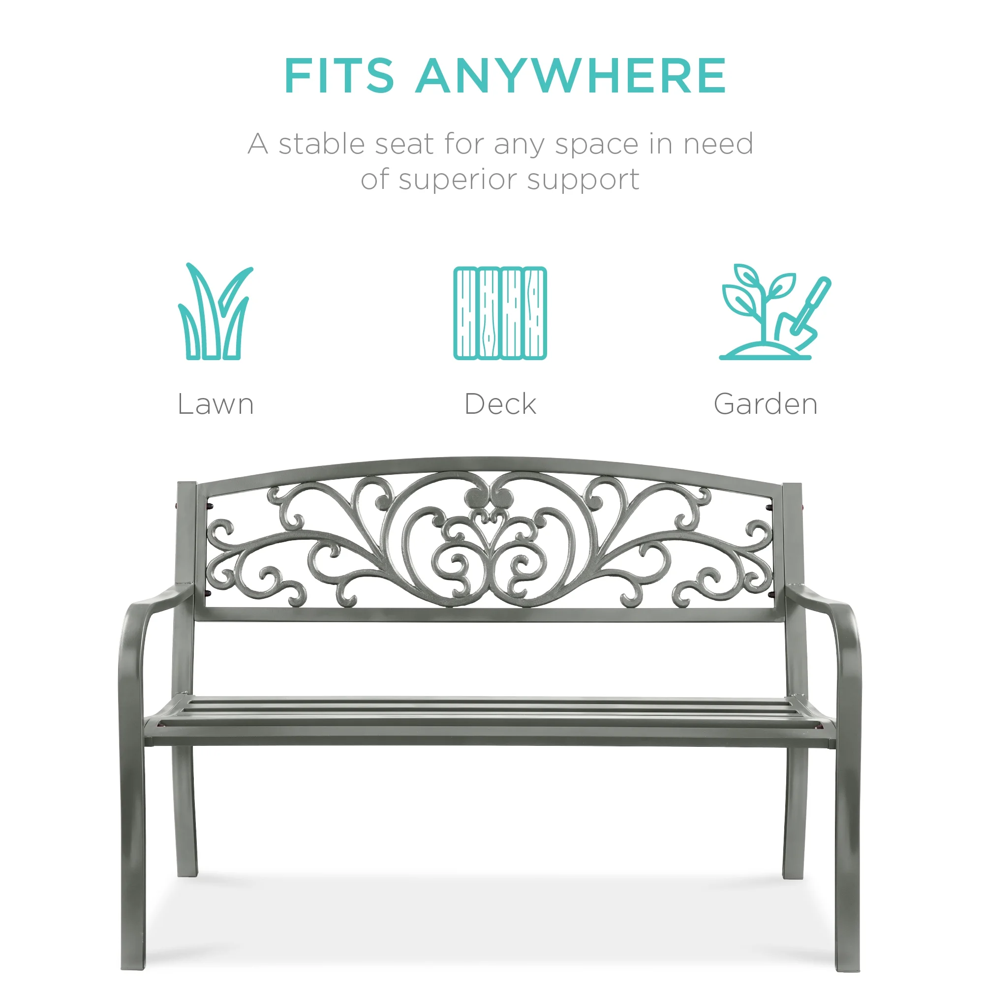 Best Choice Products Outdoor Steel Bench Garden Patio Porch Furniture W/ Floral Design Backrest - Black