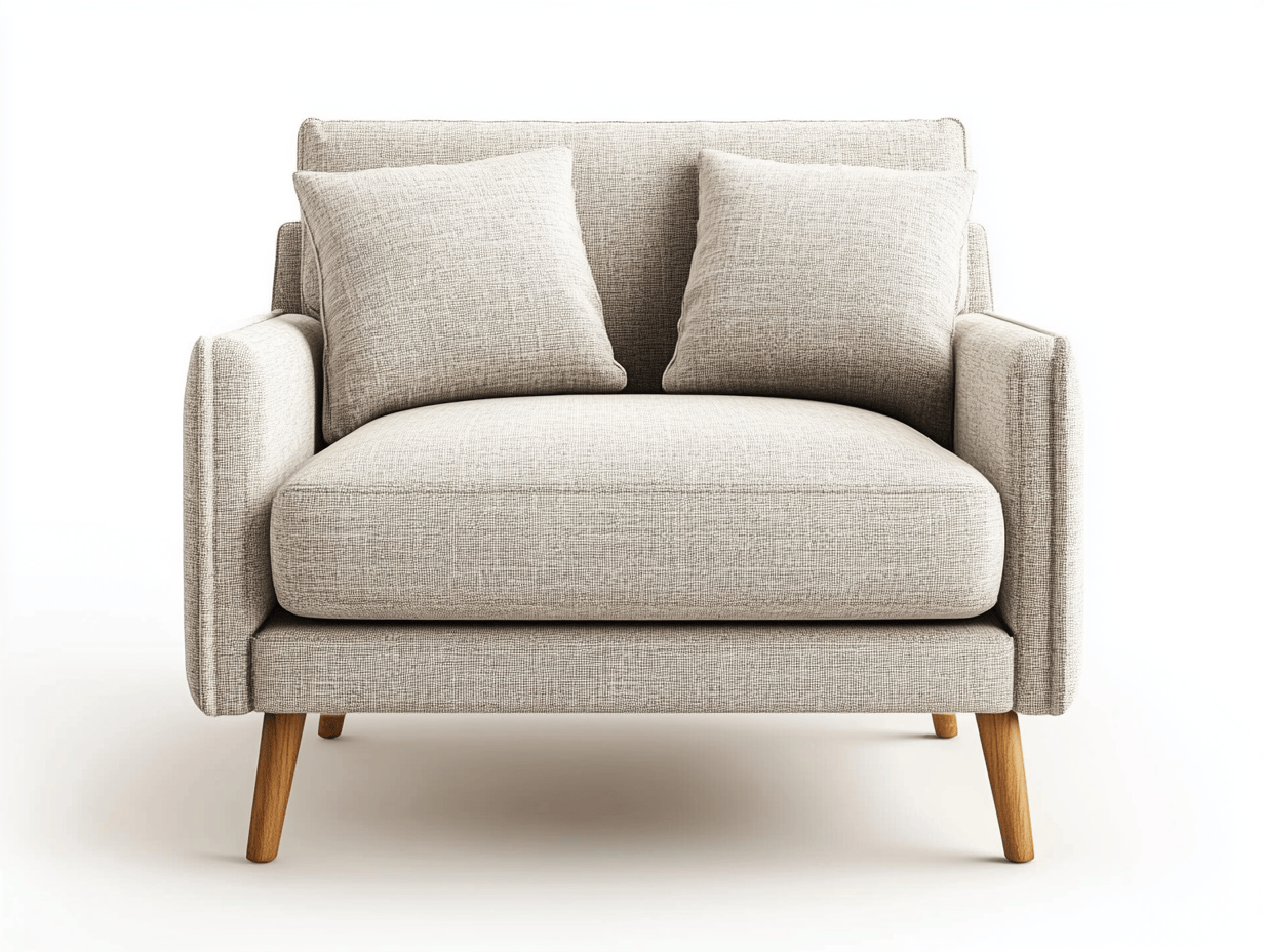 Sillón de tela gris claro con reposabrazos cuadrados y patas de madera
