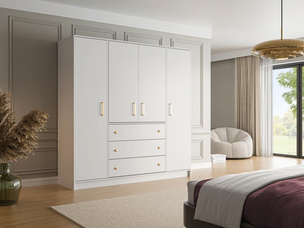 Armario de 4 puertas y 3 cajones - Ancho 196 cm - Blanco - LIZANDRO