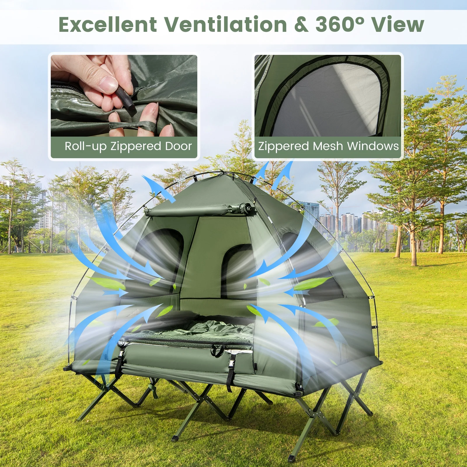 Gymax 2-Person Camping Tent Cot 5-in-1 Folding Camping Bed w/ Air Mattress Pillow Sleeping Bag - Image 4