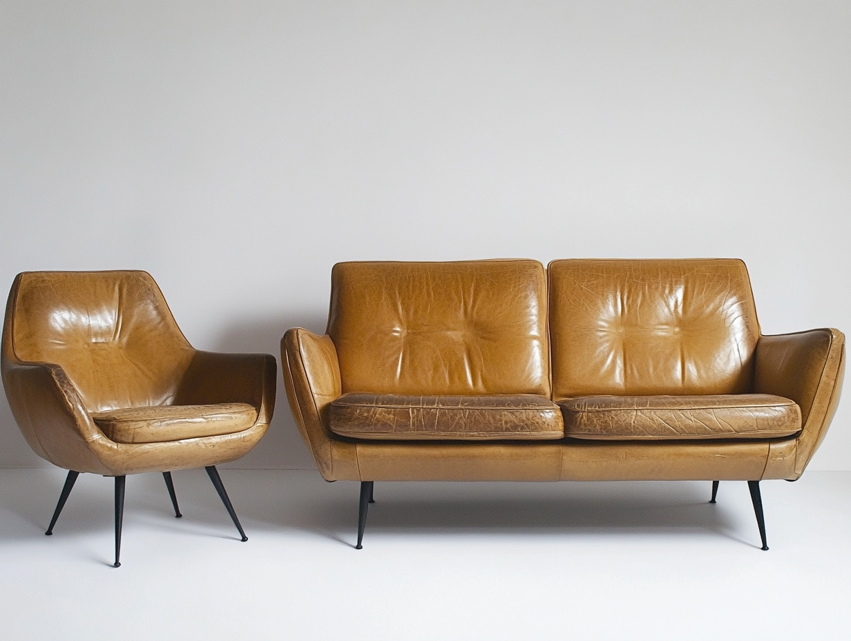 Conjunto de sofá de 3 plazas y sillón en piel marrón estilo vintage con patas negras de metal