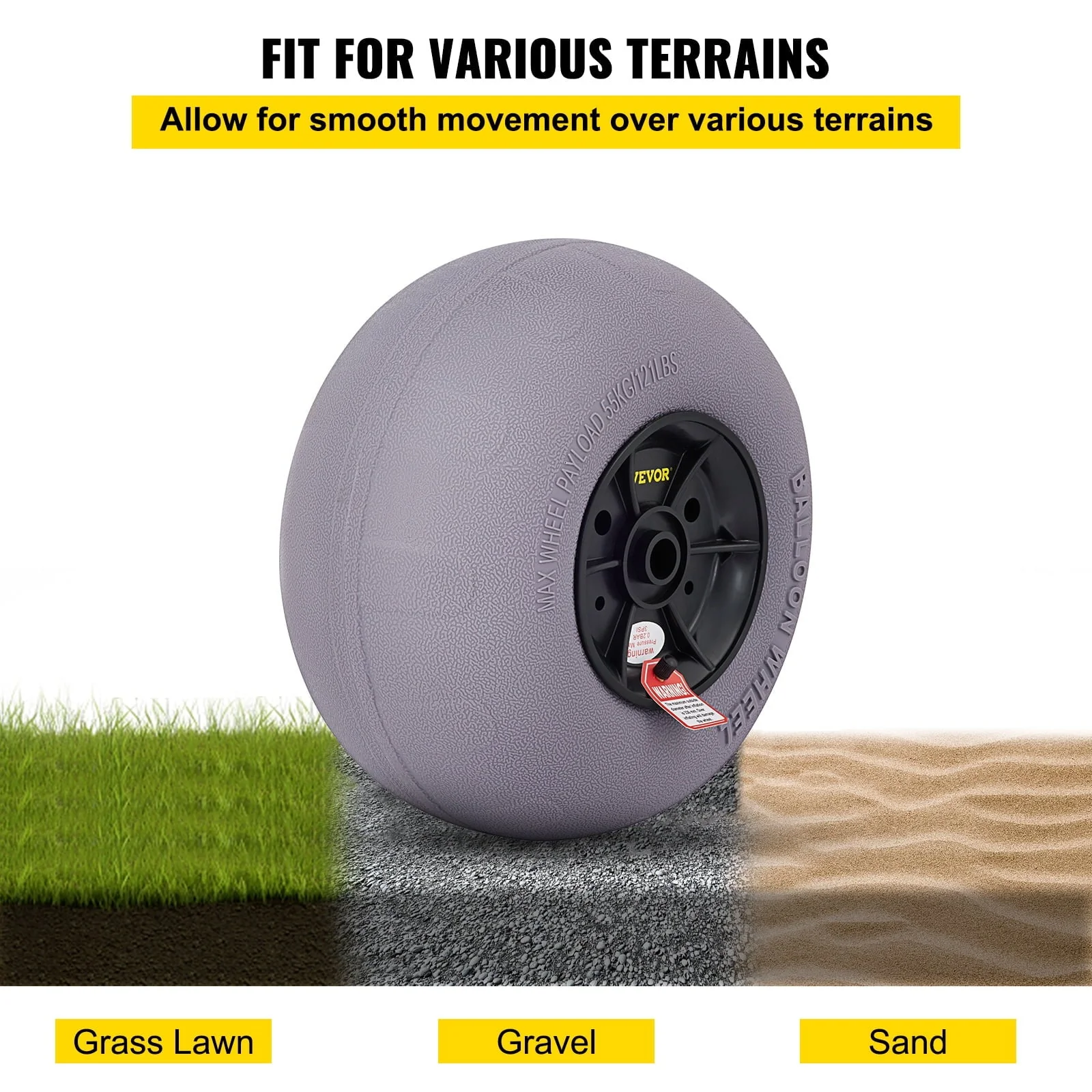 VEVOR Beach Balloon Wheels, 13" Replacement Sand Tires, TPU Cart Tires for Kayak Dolly, Canoe Cart and Buggy w/ Free Air Pump, 2-Pack - Image 5