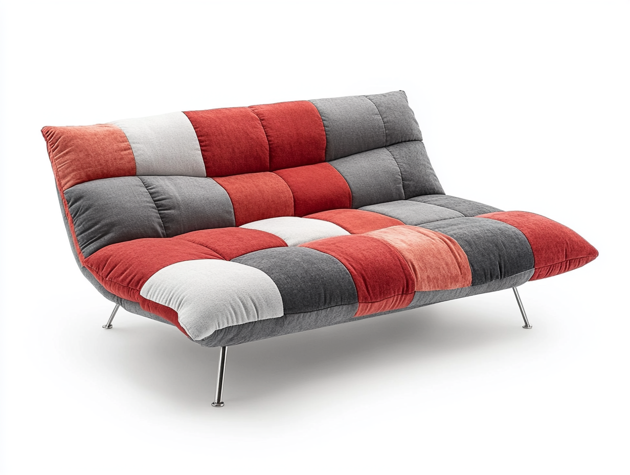 Sillón tapizado en patchwork de tela gris y rojo, estilo moderno con patas metálicas