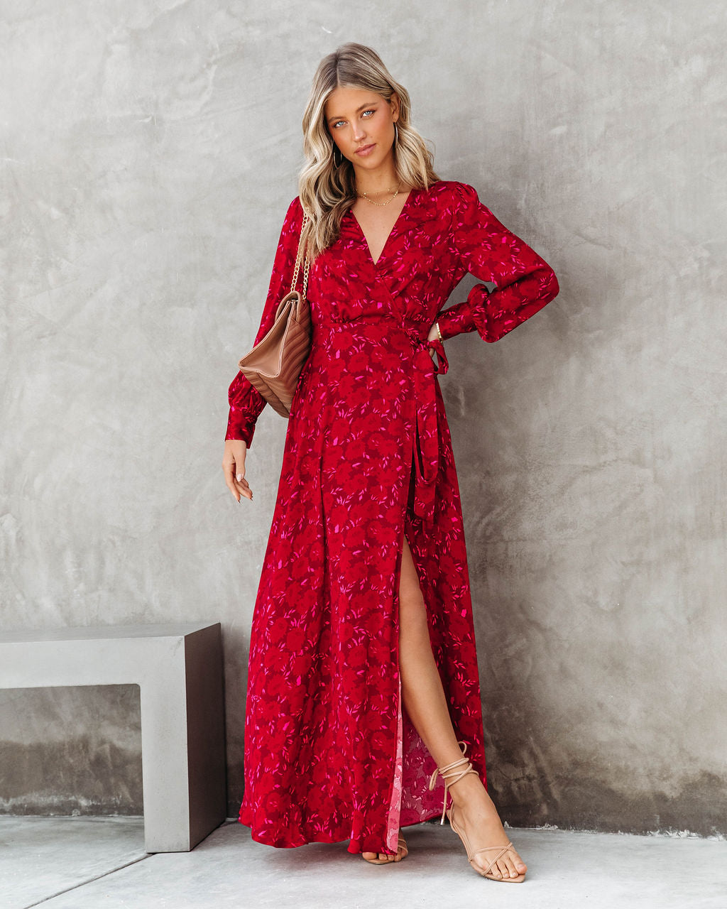 Lucia Satin Floral Wrap Maxi Dress - Red - Se7enfashion