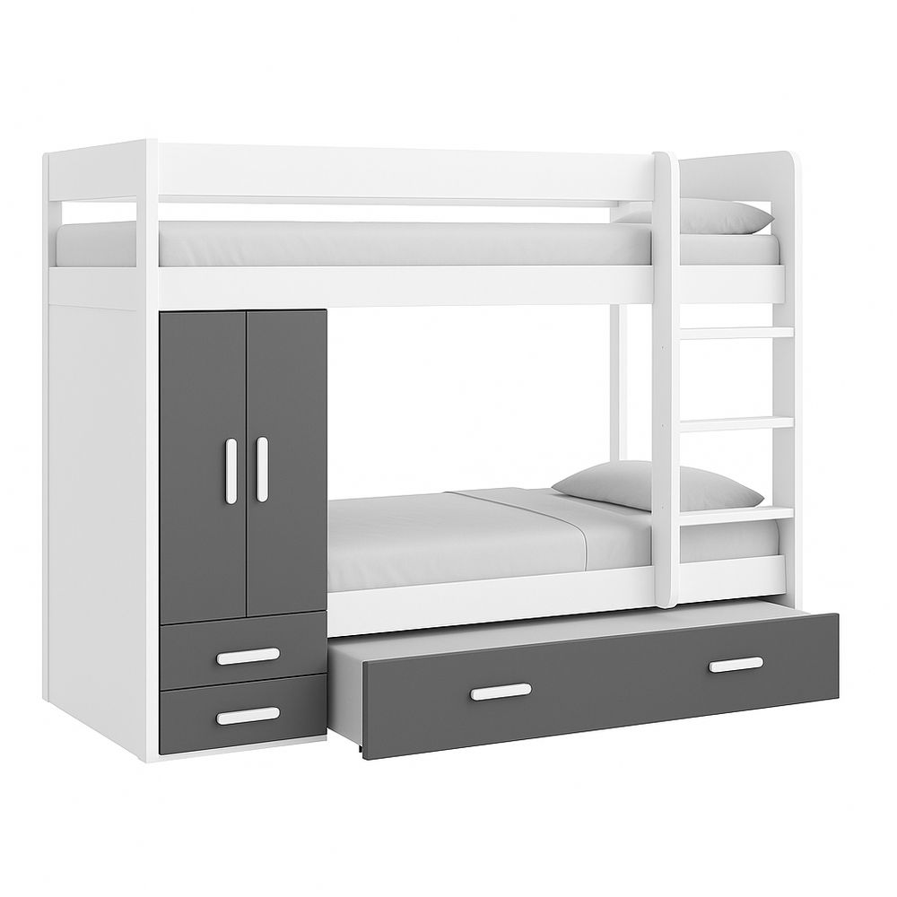 Cama alta con armario y espacio de almacenamiento, cama doble, estilo moderno, material de madera, color blanco y gris