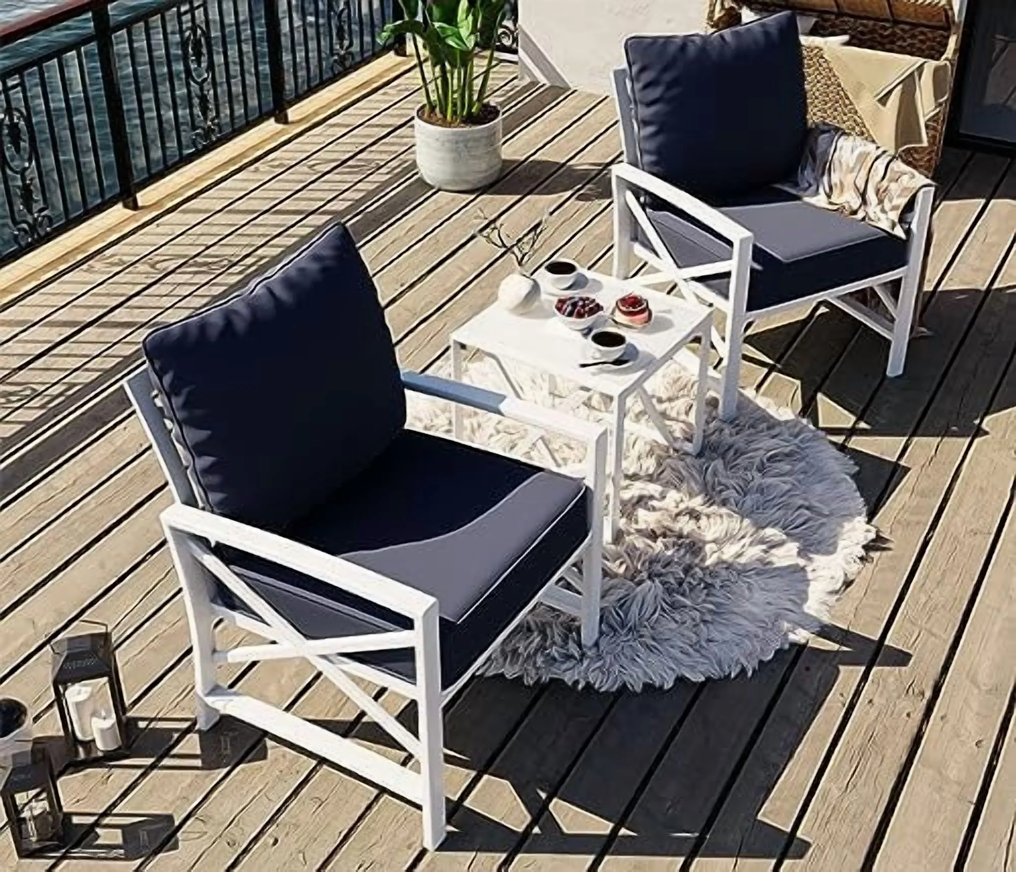 SUNLEI 3 Pcs Patio Outdoor Furniture Set, Porch Chairs Conversation Sets with Glass Coffee Table, Outside Metal Sofa Set for Garden, Balcony, Poolside, Backyard, Blue - Image 4