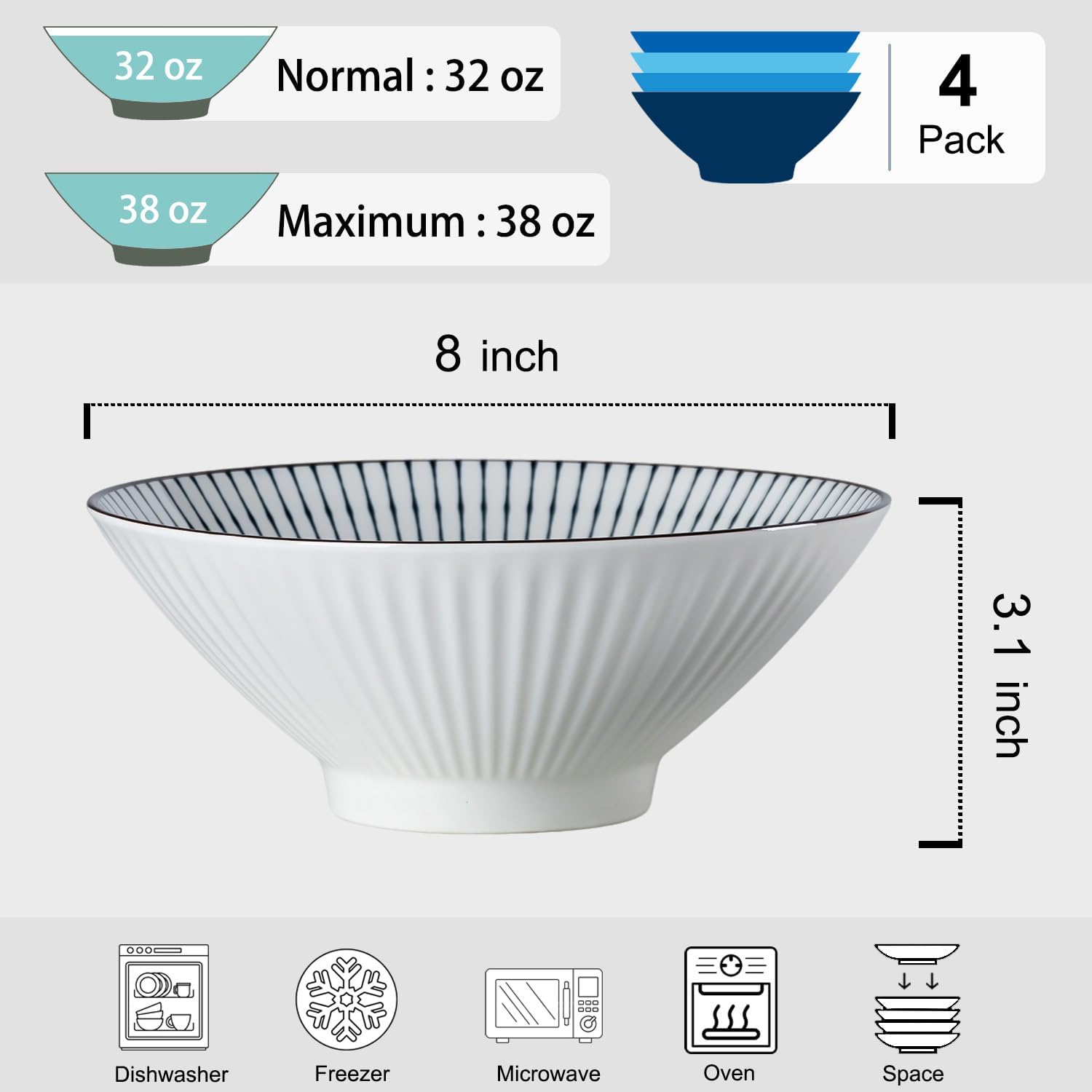 38 oz Japanese Ramen Bowls Set of 4, Large Pho Bowls, 8 Inch Ceramic Blue and White Soup Bowls, Striped Pattern