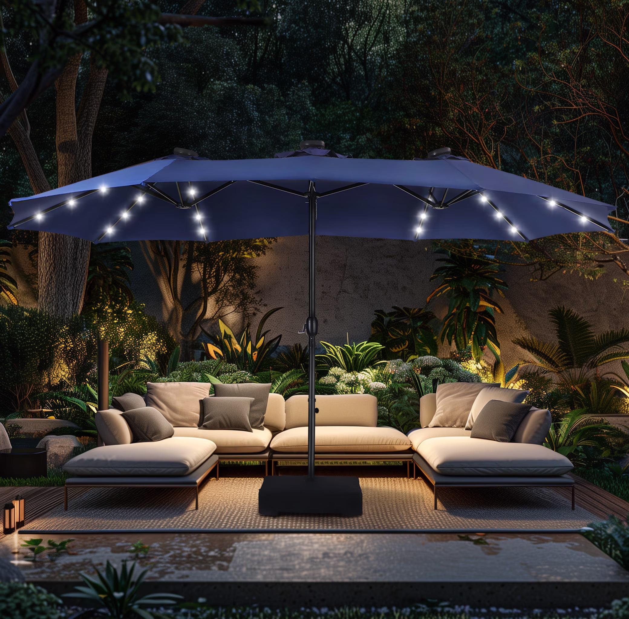 Alpha Joy 15ft Extra Large Outdoor Patio Double-Sided Umbrella with LED Solar Lights & Umbrella Base, Beige - Image 22
