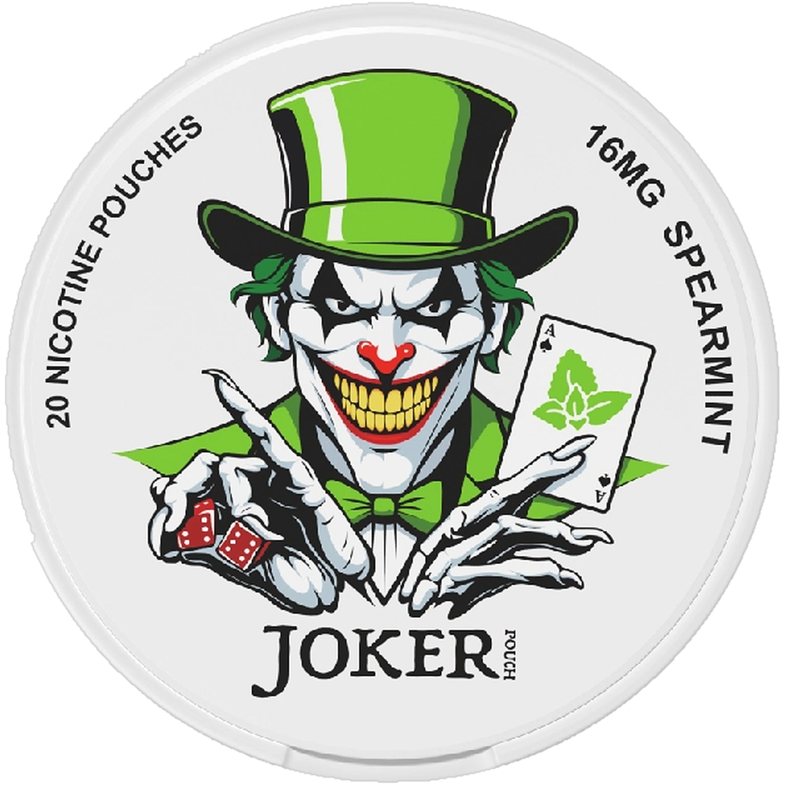 Joker Spearmint 16mg nicotine pouches — Slim Moist Pouch can with 20 extra strong spearmint pouches