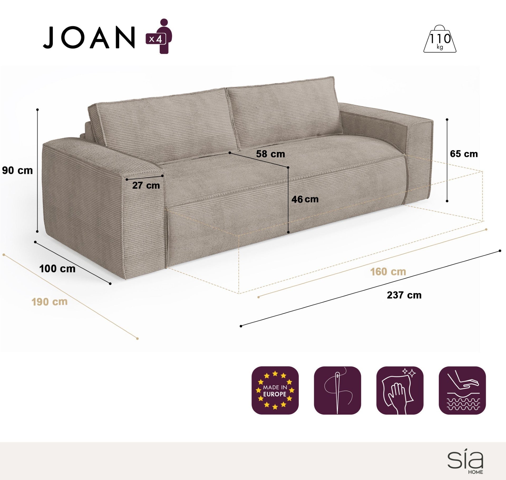 Rechte bank JOAN 3 personen Corduroy Mol