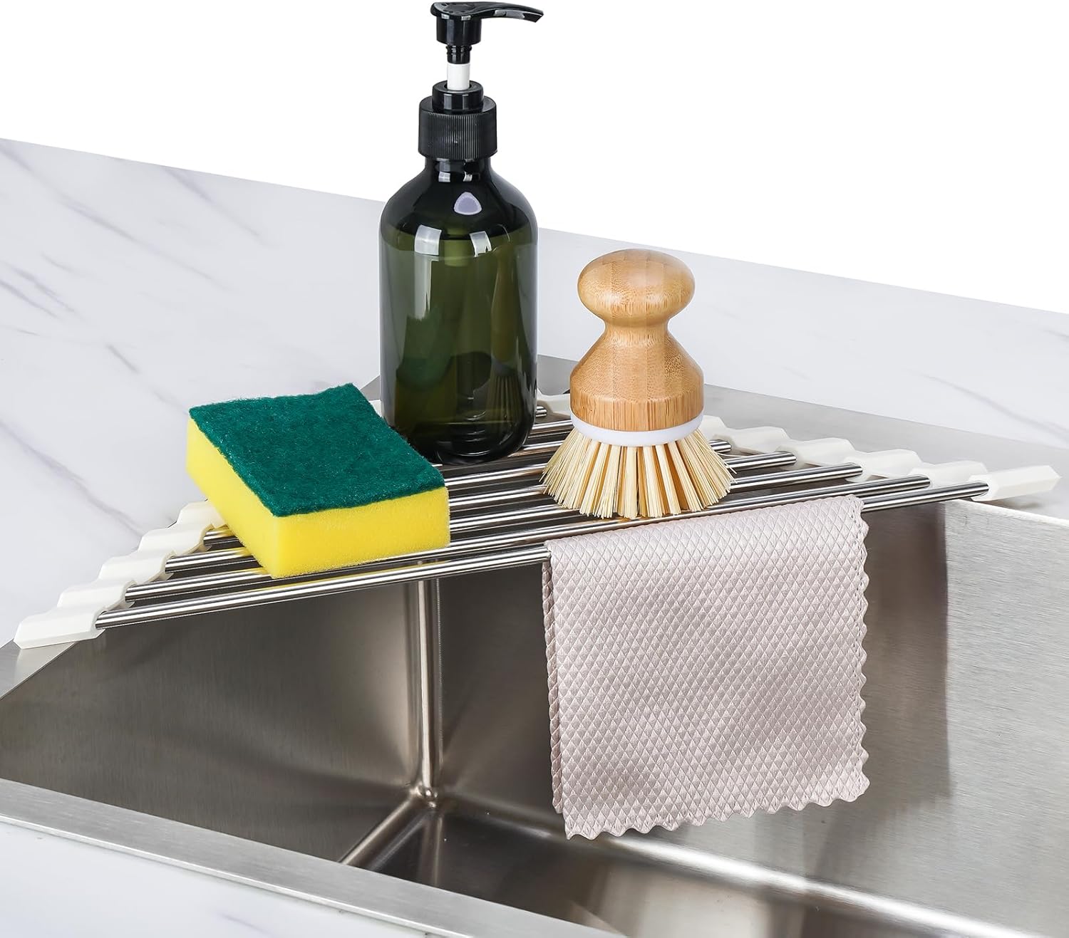 Tomorotec Marble Triangle Roll-Up Dish Drying Rack for Sink Corner - Small, Foldable, Stainless Steel, Multipurpose Kitchen Drainer Caddy, Trivet, Rustproof Organizer, Storage Shelf